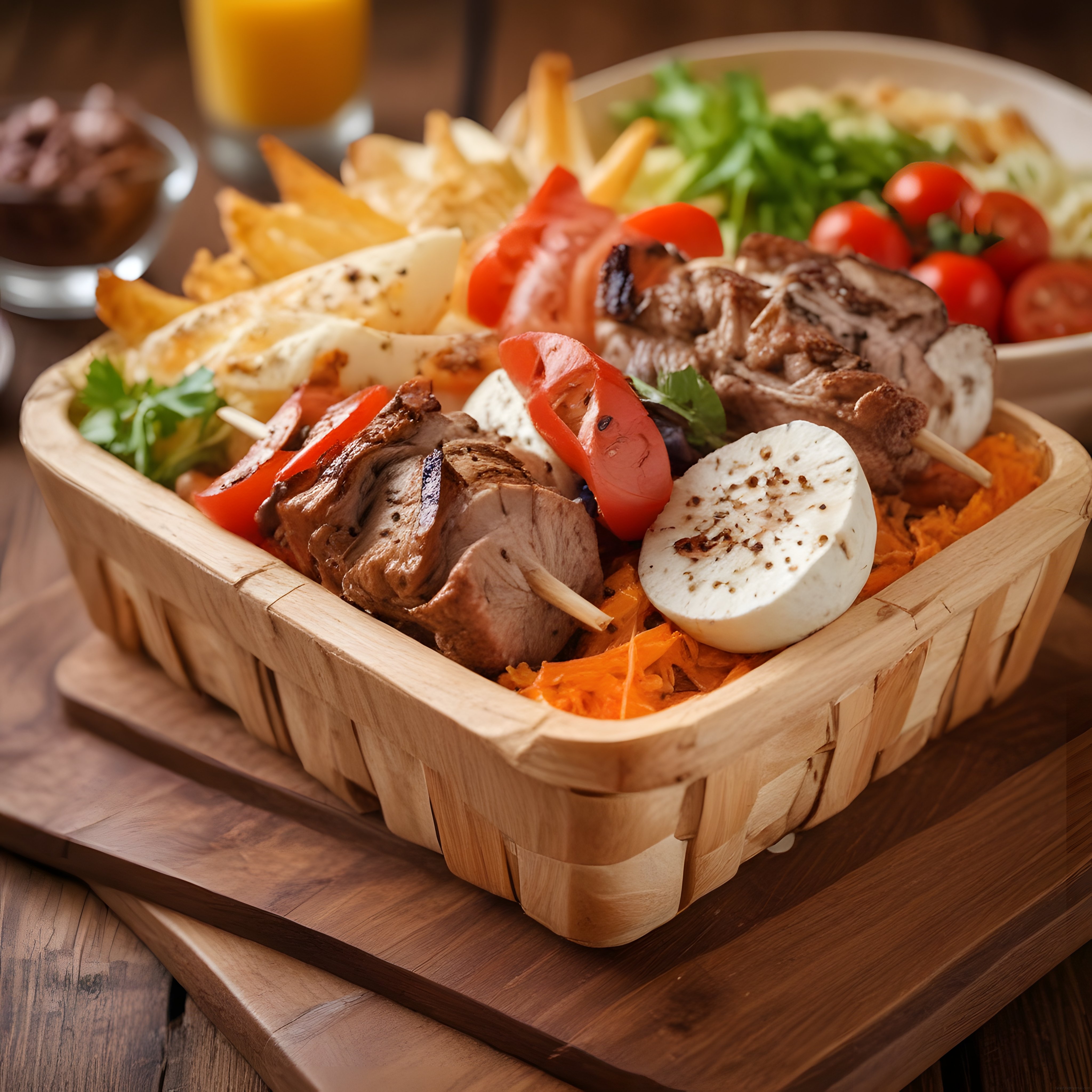 Ahşap sunum kabında şiş kebap, yumurta ve patatesle zengin kahvaltı tabağı