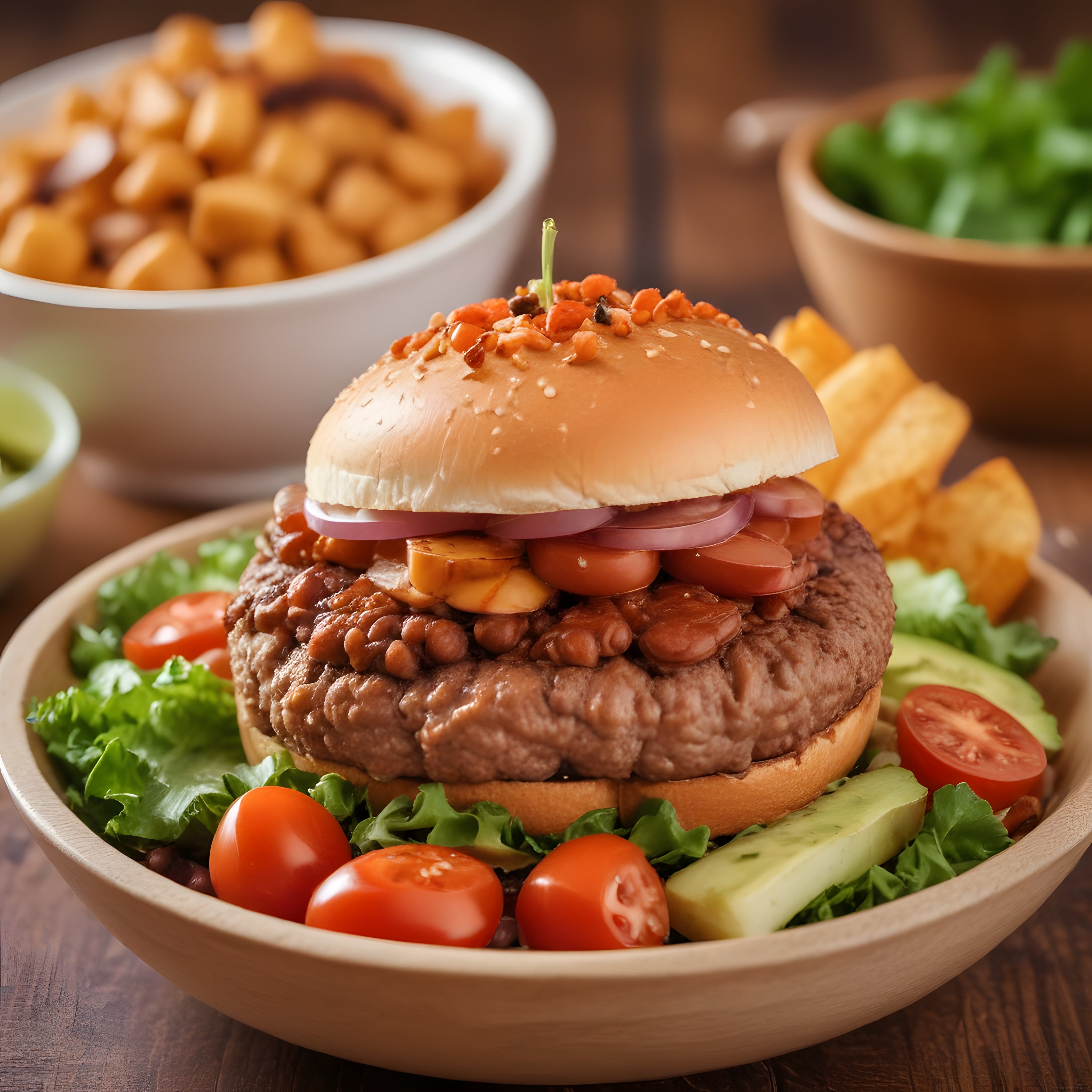 Ahşap Sunum Kasasında Dana Köfteli Gurme Hamburger ve Çıtır Patates Kızartması Ahşap Sunum Kasasında Dana Köfteli Gurme Hamburger ve Çıtır Patates Kızartması