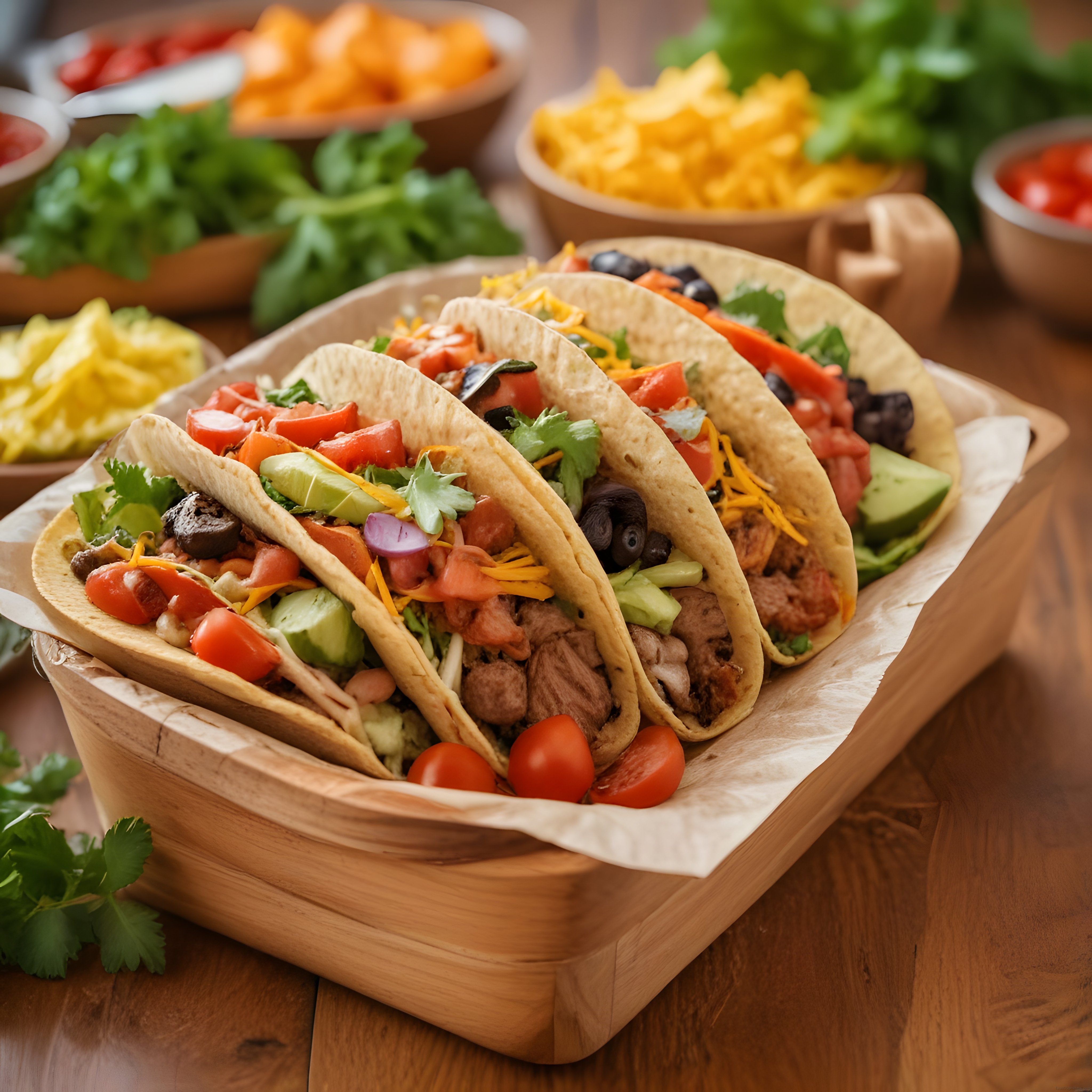 Ahşap sunum kasasında Meksika usulü etli taco ve rengarenk taze malzemeler Ahşap sunum kasasında Meksika usulü etli taco ve rengarenk taze malzemeler
