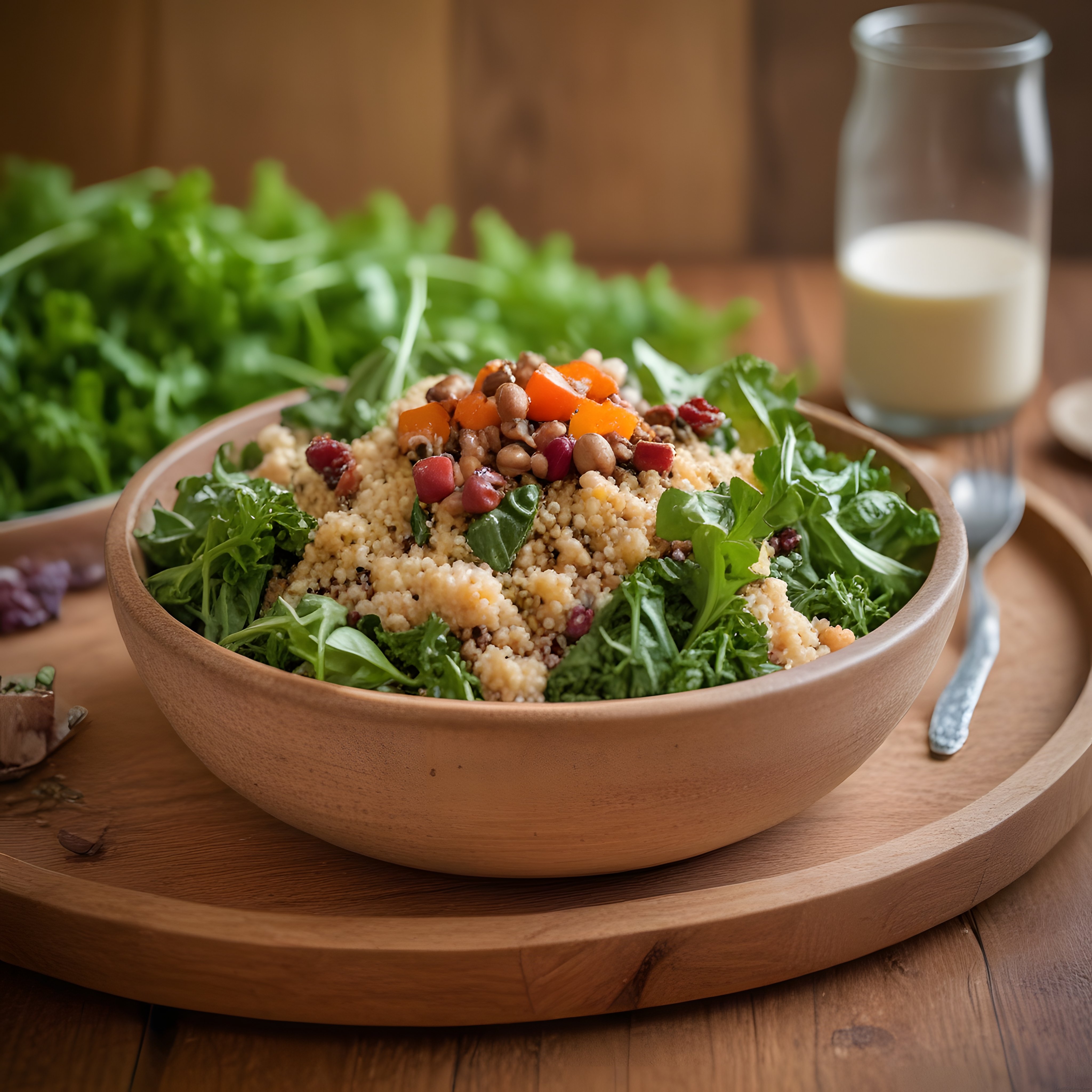 Ahşap Sunum Kasede Nohutlu Kuskuslu Yeşillikli Besleyici Salata
