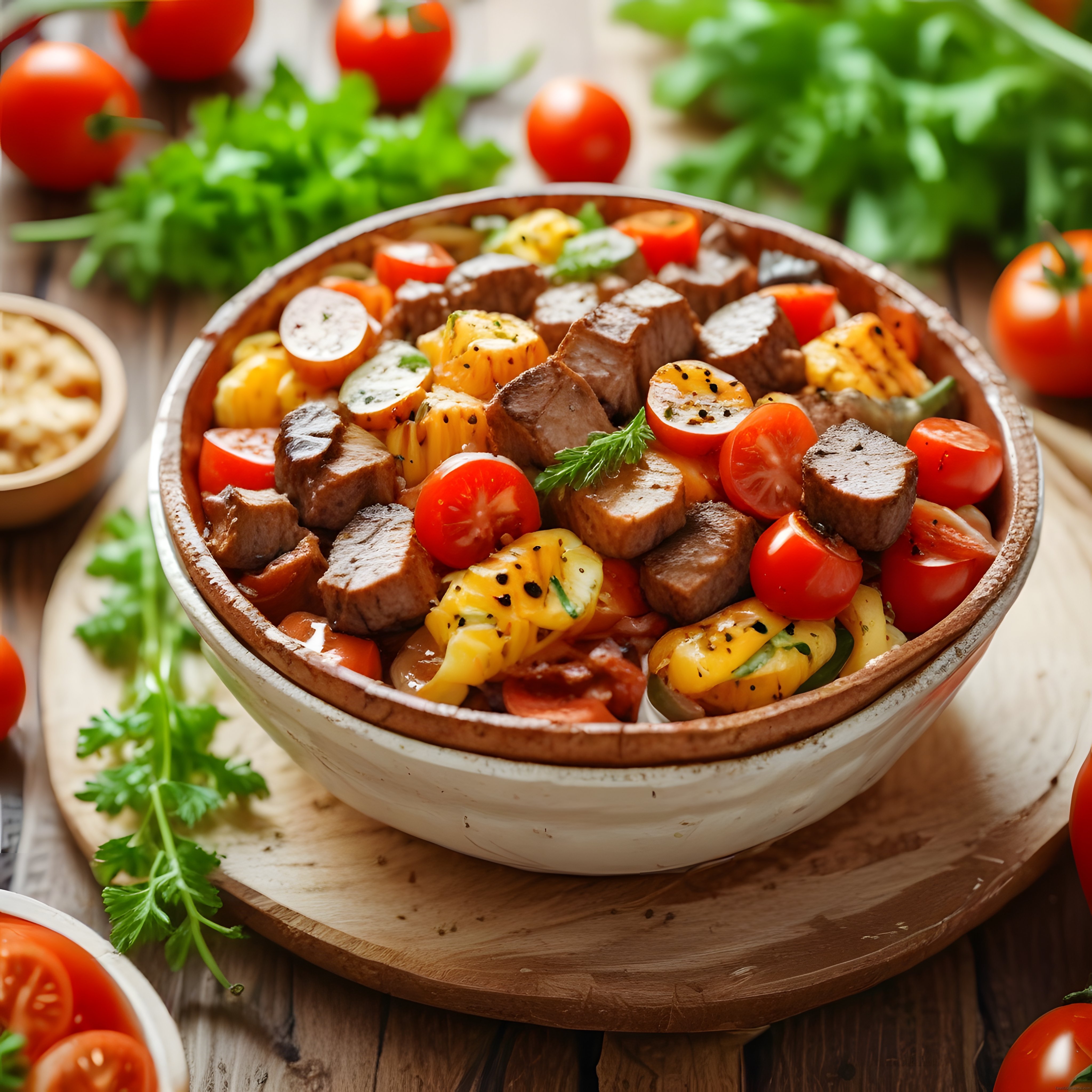 Ahşap Sunum Kasesinde Etli Mantarlı Domatesli Nefis Yemek Tarifi