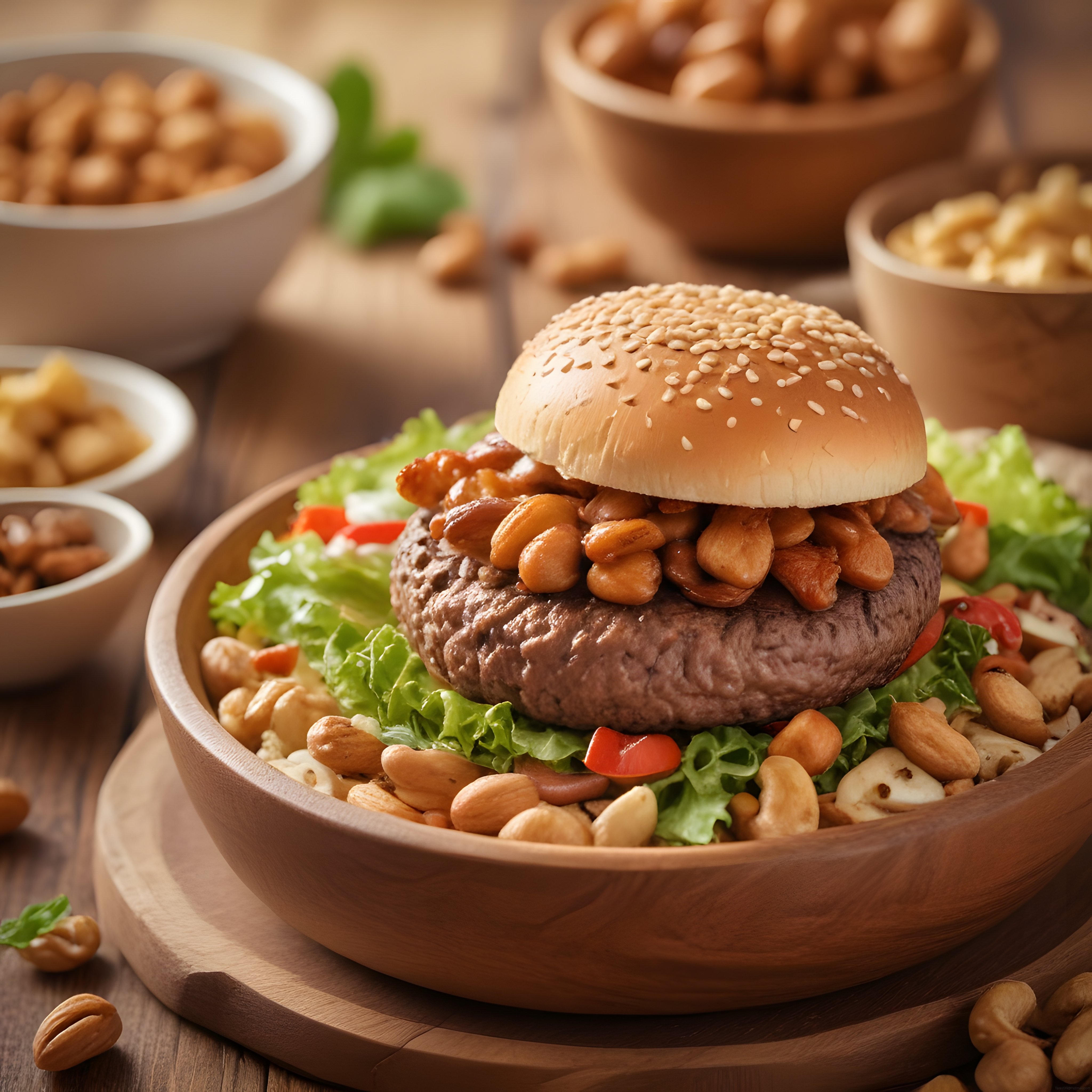 Ahşap Sunum Kasesinde Fıstık ve Badem ile Süslenmiş Gurme Burger