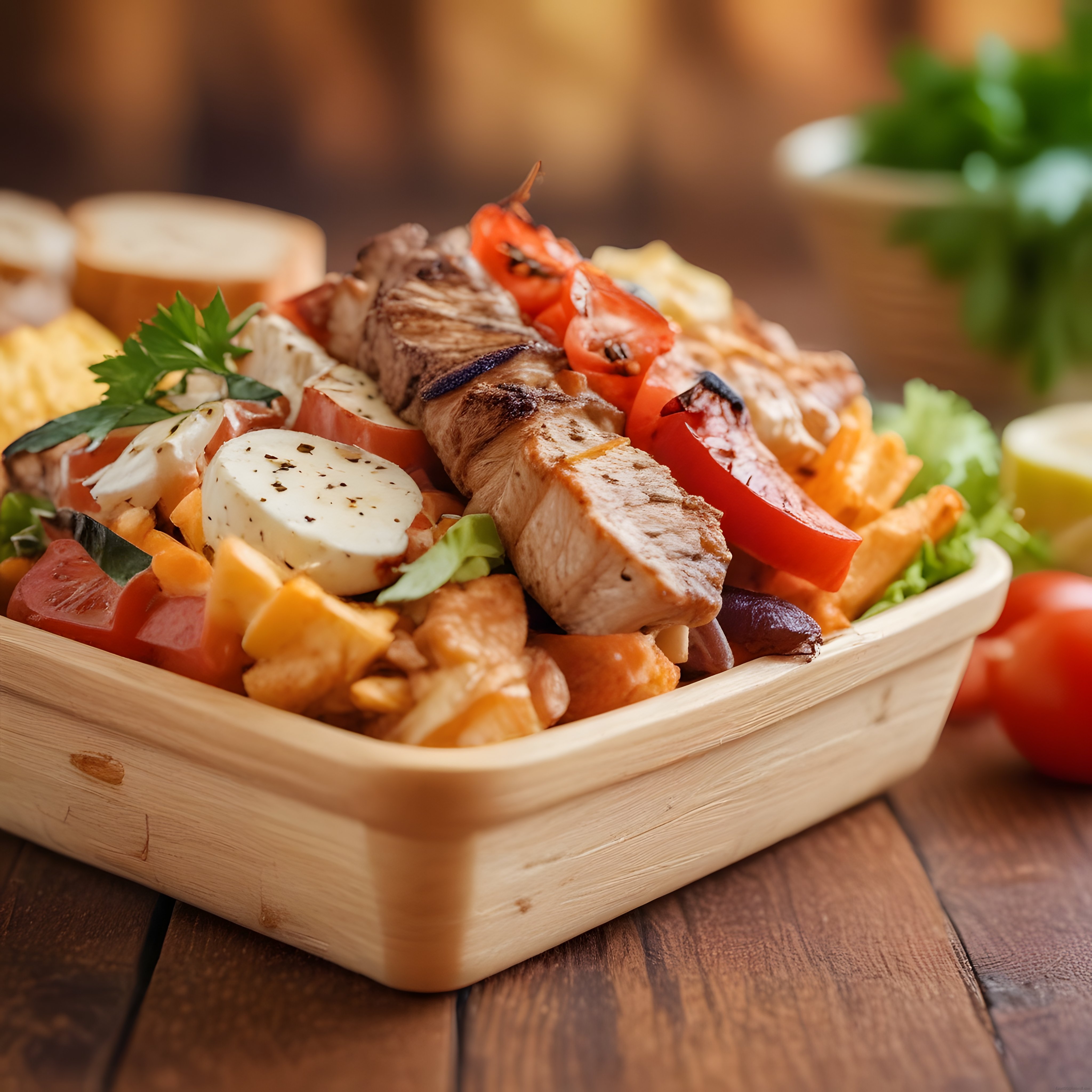 Ahşap Sunum Kasesinde Izgara Tavuklu ve Yumurtalı Salata