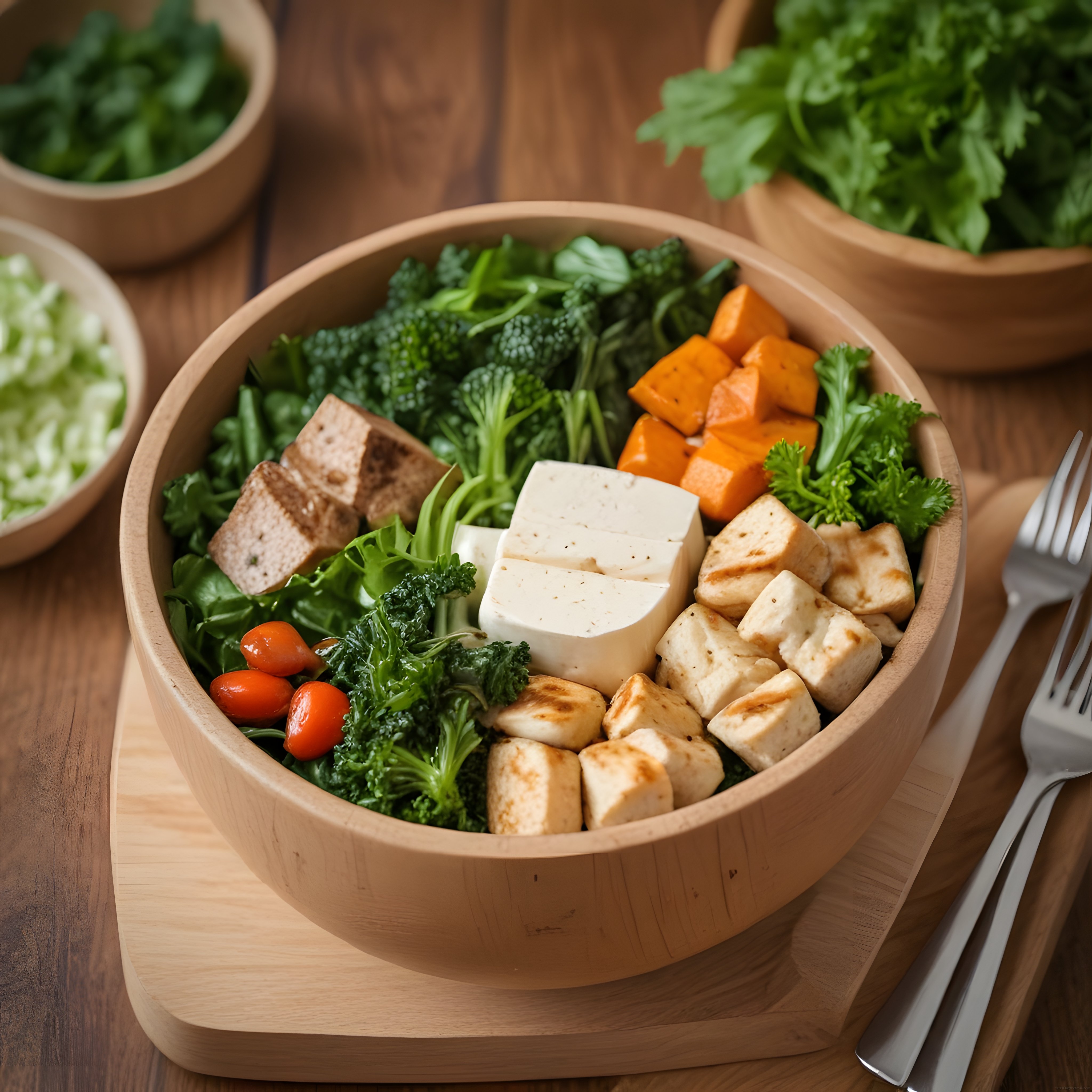 ahşap sunum kasesinde kızarmış tofu ve sebzelerle hazırlanmış sağlıklı buddha bowl