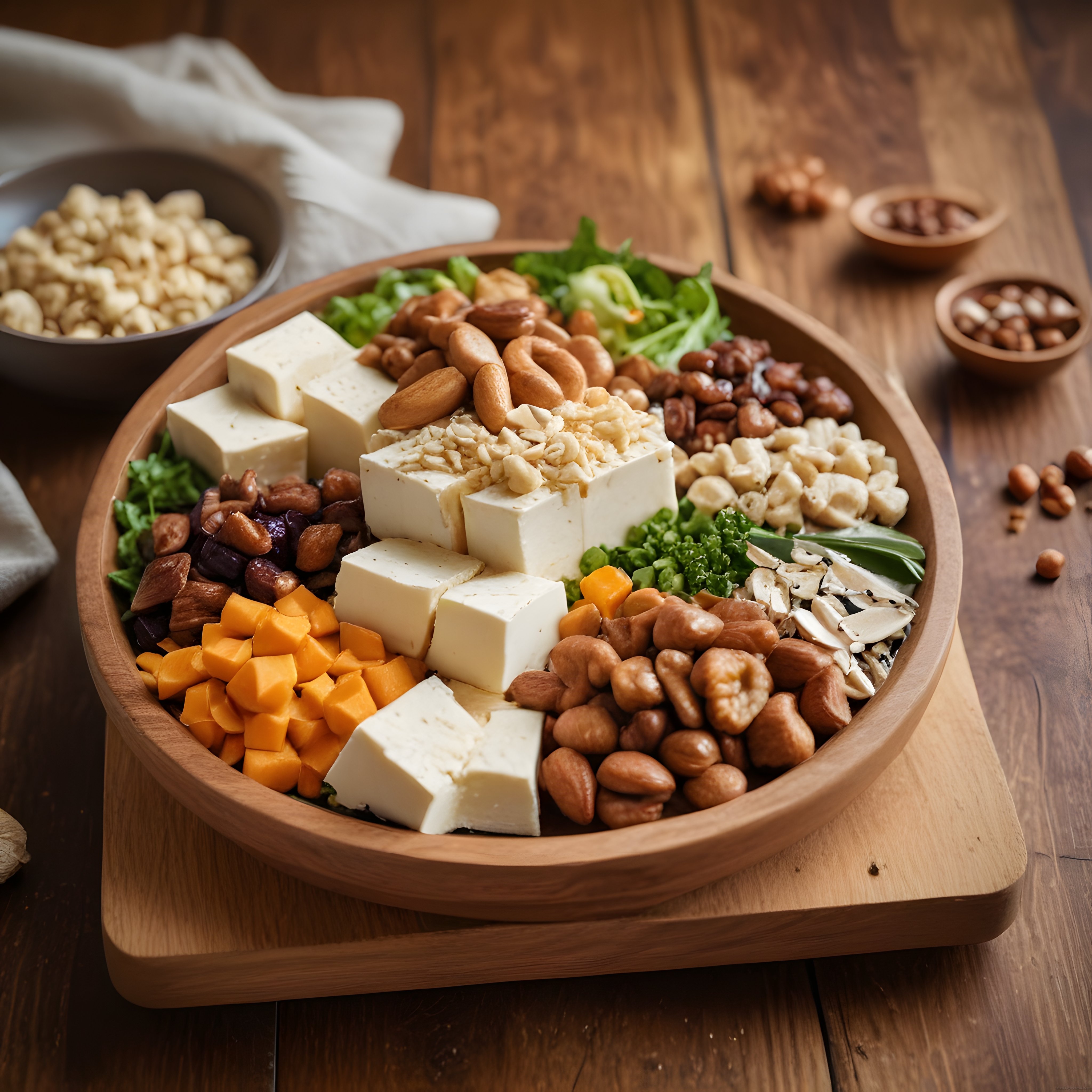 Ahşap Sunum Kasesinde Peynirli Kuruyemişli ve Yeşillikli Besleyici Salata