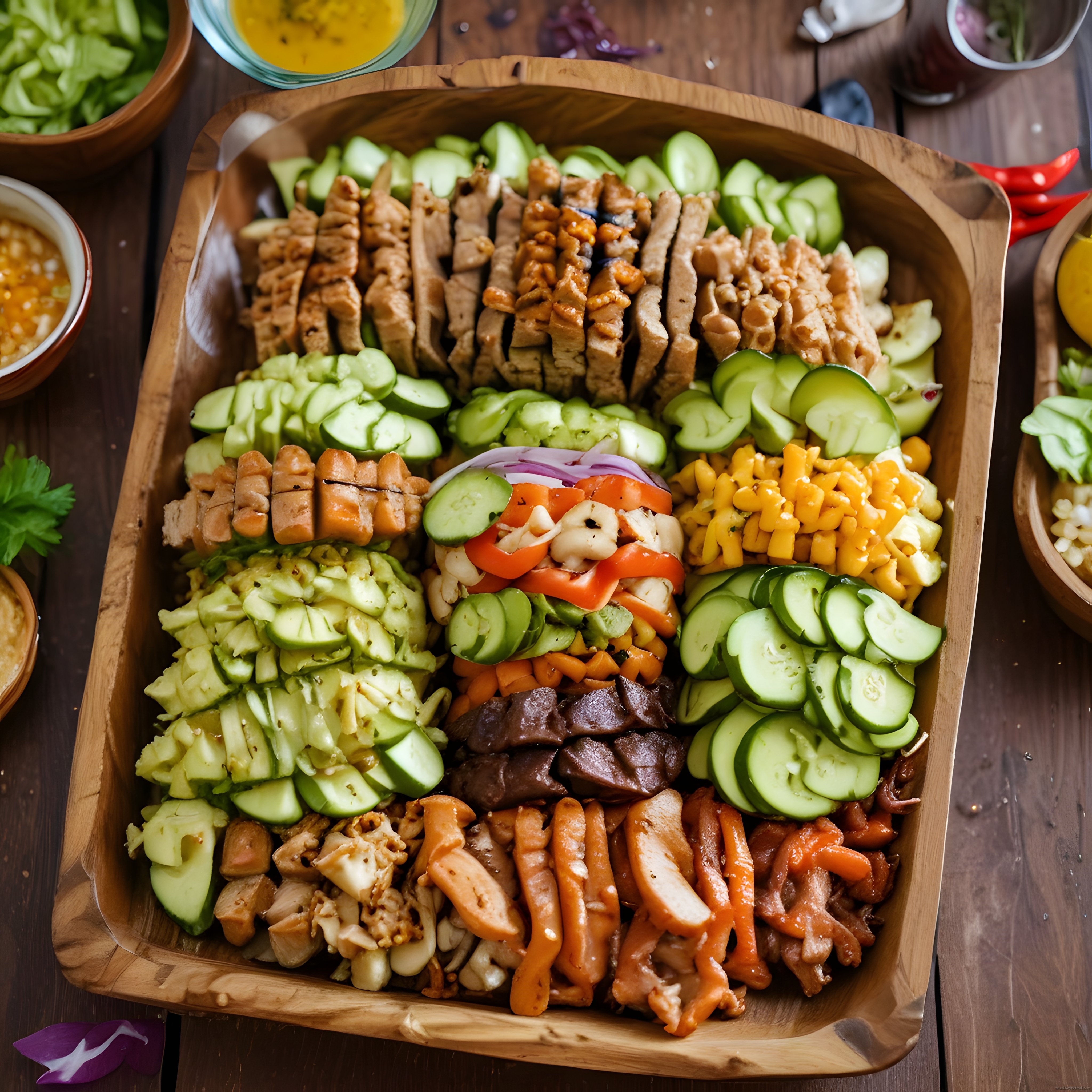 Ahşap sunum kasesinde proteinli taze sebzeli renkli salata tabağı