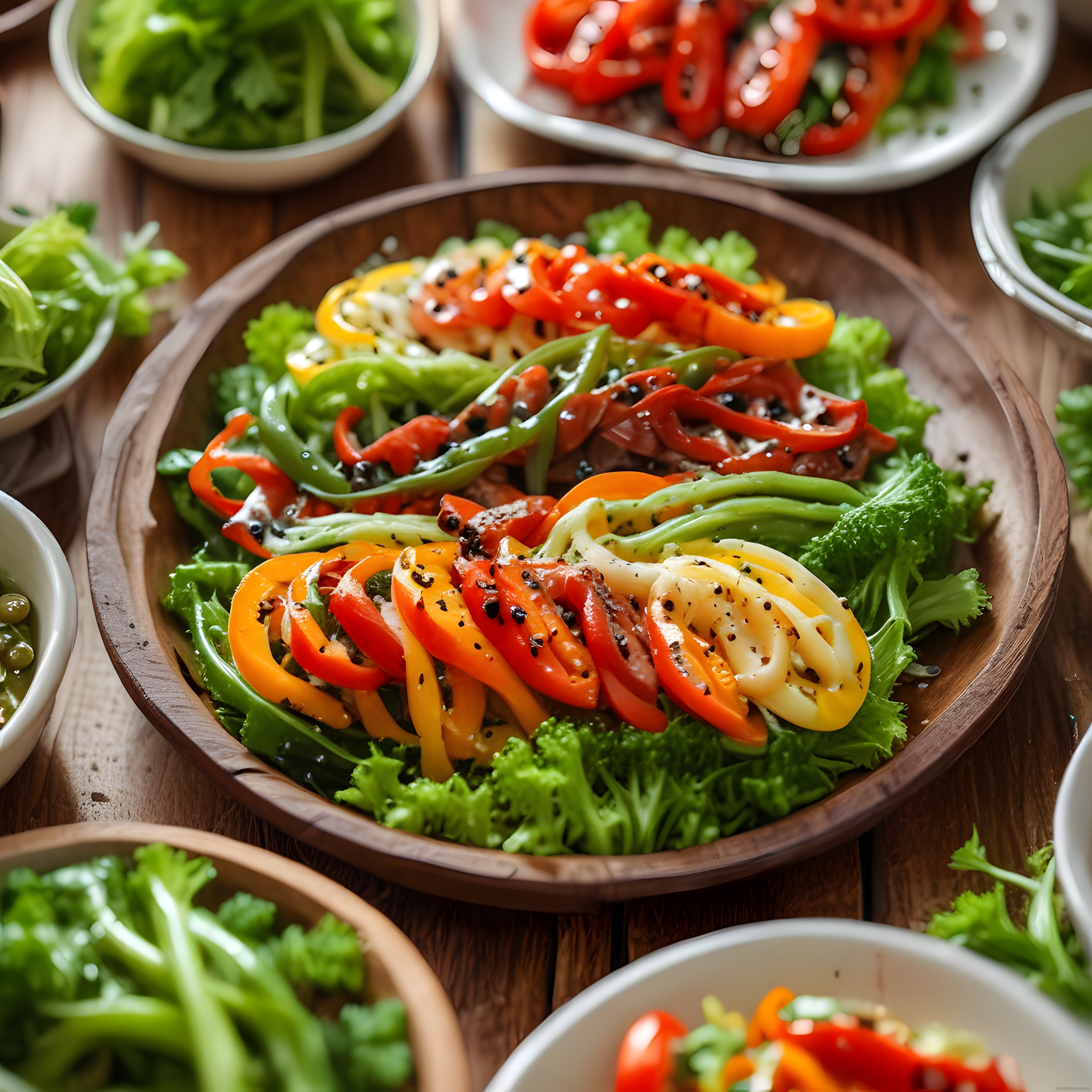 Ahşap Sunum Kasesinde Renkli Biber ve Brokolili Sağlıklı Sebze Salatası