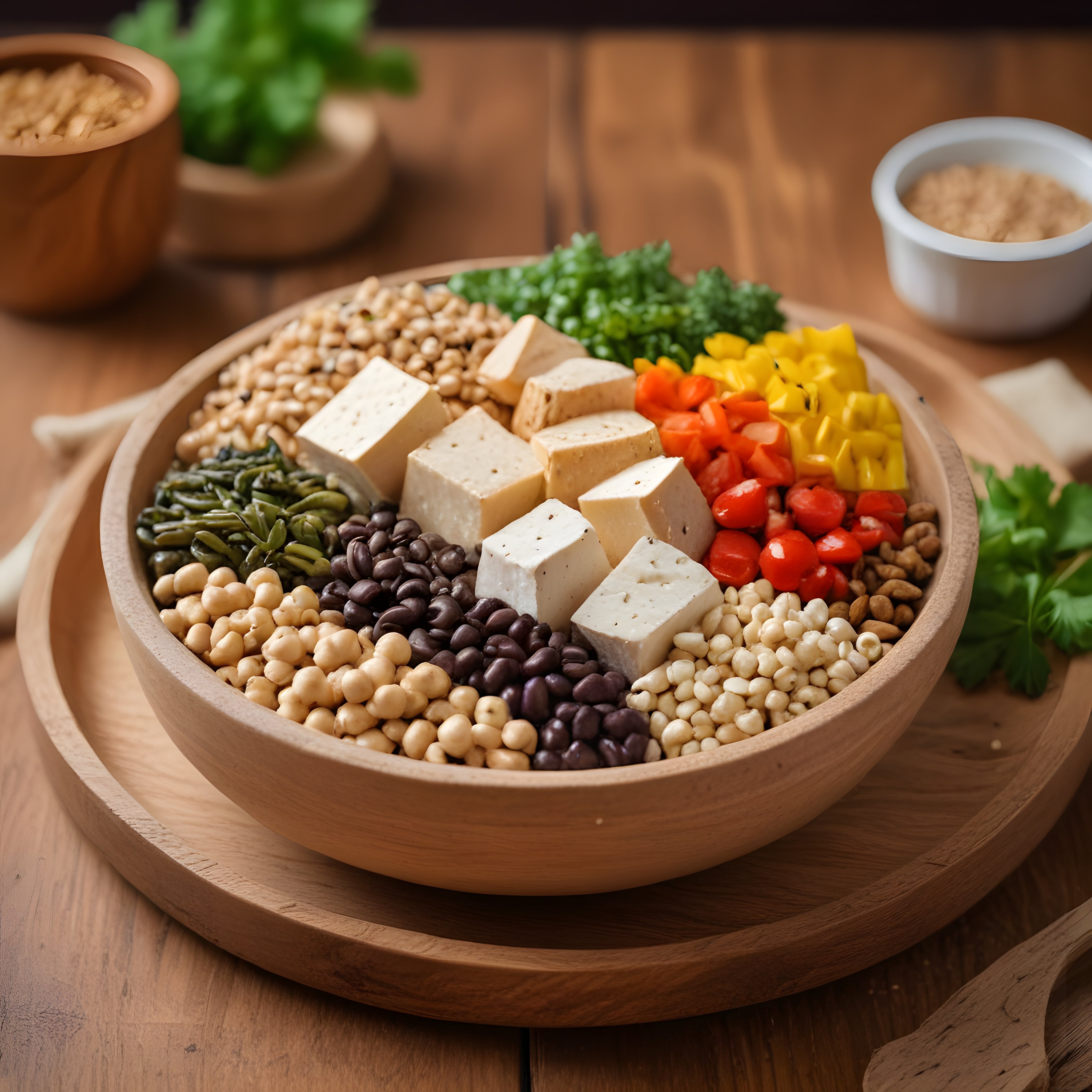 Ahşap Sunum Kasesinde Renkli Sebzeler ve Tofu ile Sağlıklı Vegan Öğün