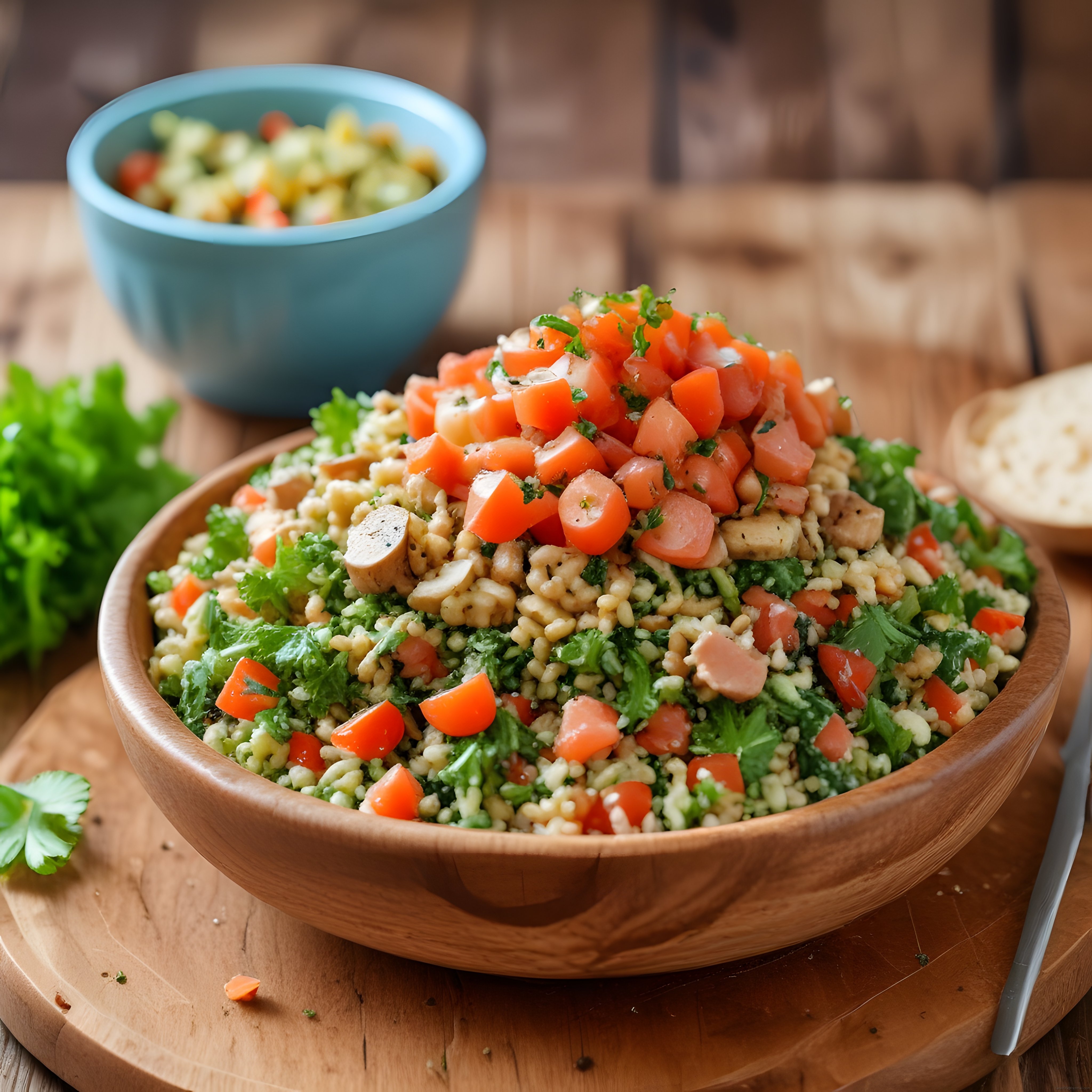 Ahşap Sunum Kasesinde Renkli Sebzeli Bulgur Salatası ve Sağlıklı Beslenme