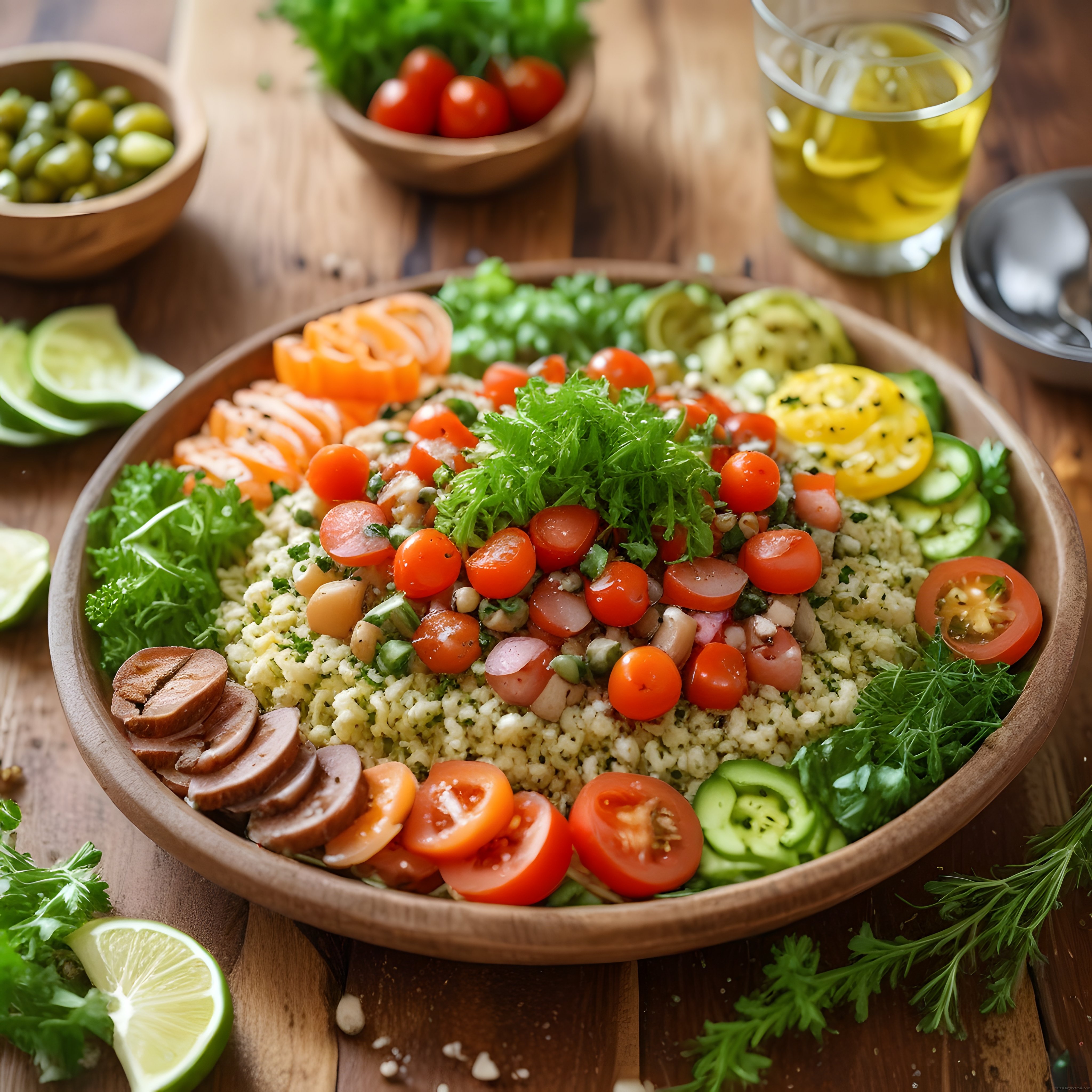 Ahşap Sunum Kasesinde Renkli Sebzeli Kuskus Salatası ve Zeytinyağı