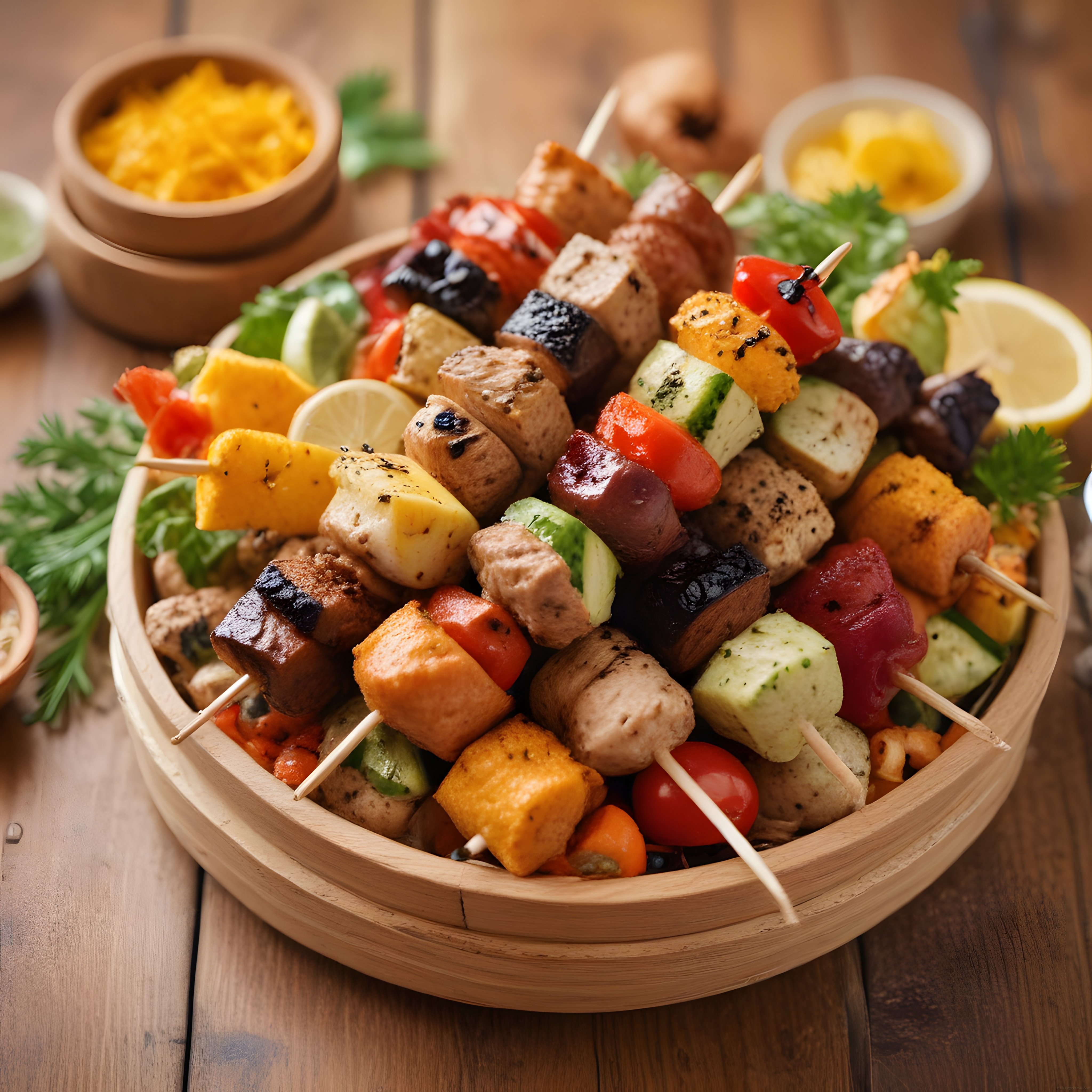 Ahşap Sunum Kasesinde Renkli Sebzeli ve Etli Izgara Şiş Kebap Görseli