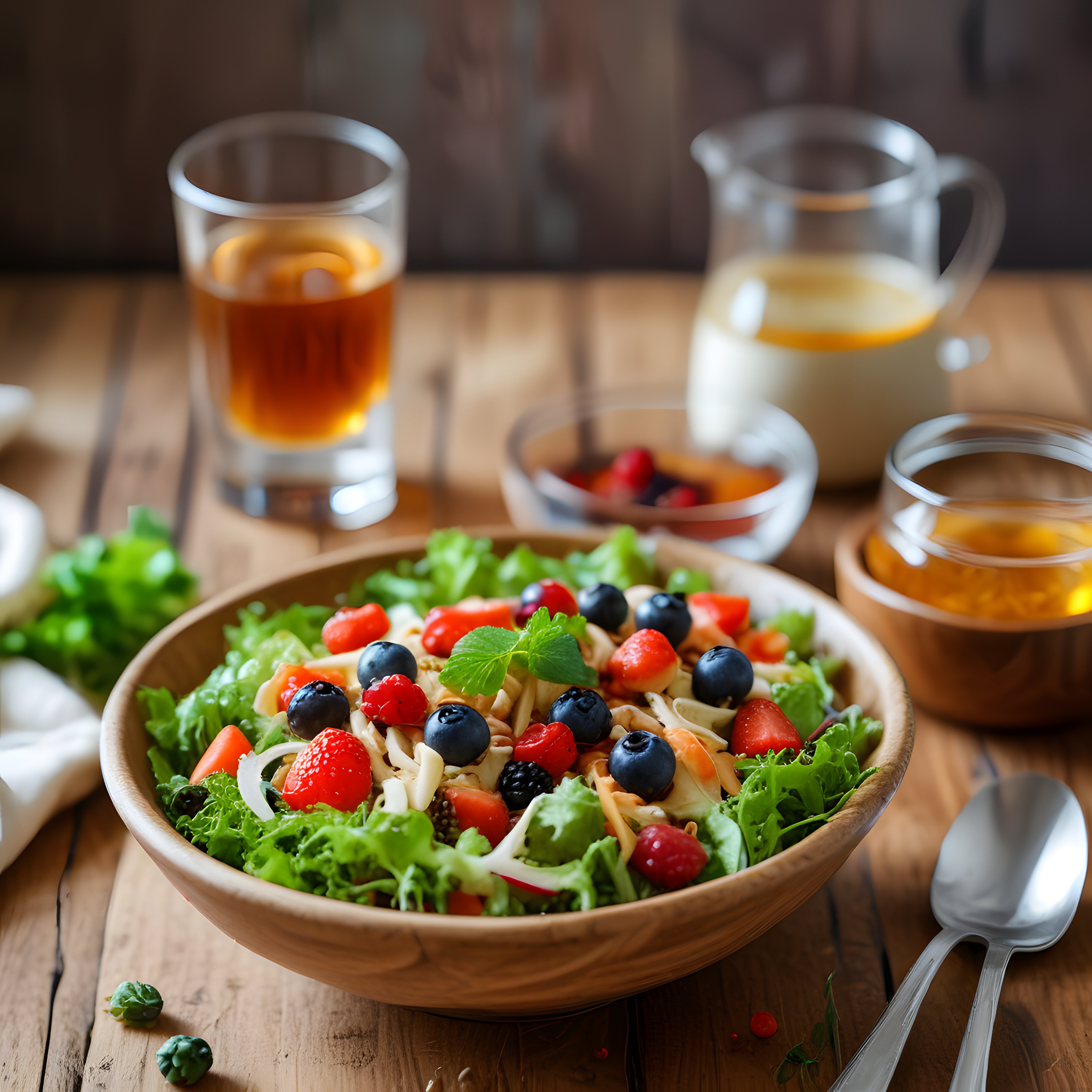 Ahşap Sunum Kasesinde Taze Meyveli Sağlıklı Salata ve Çay Keyfi