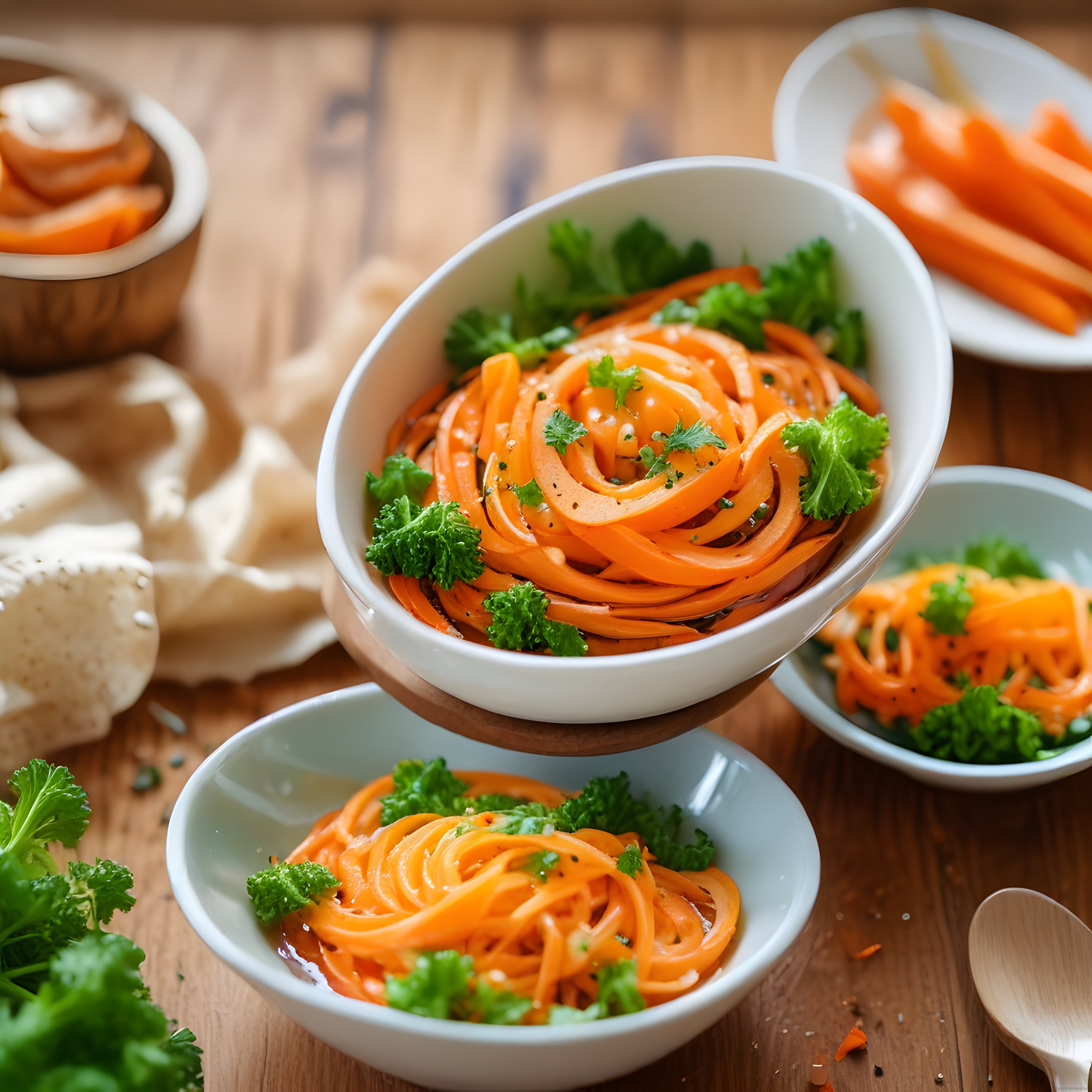 Ahşap Sunum Masasında Maydanozlu Havuç Spagetti Salatası
