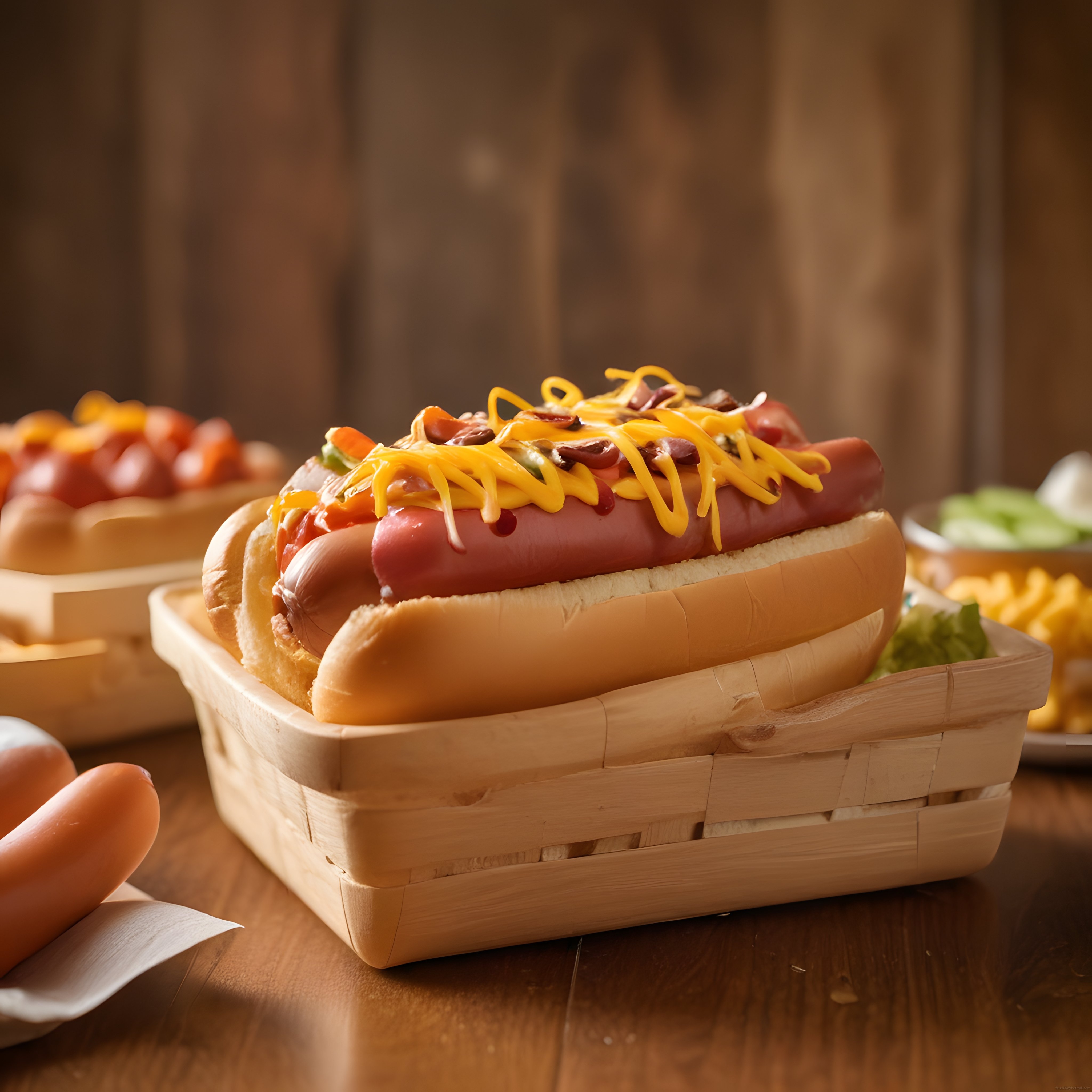 Ahşap Sunum Sepetinde Rendelenmiş Cheddar ve Chili Soslu Sosisli Hot Dog