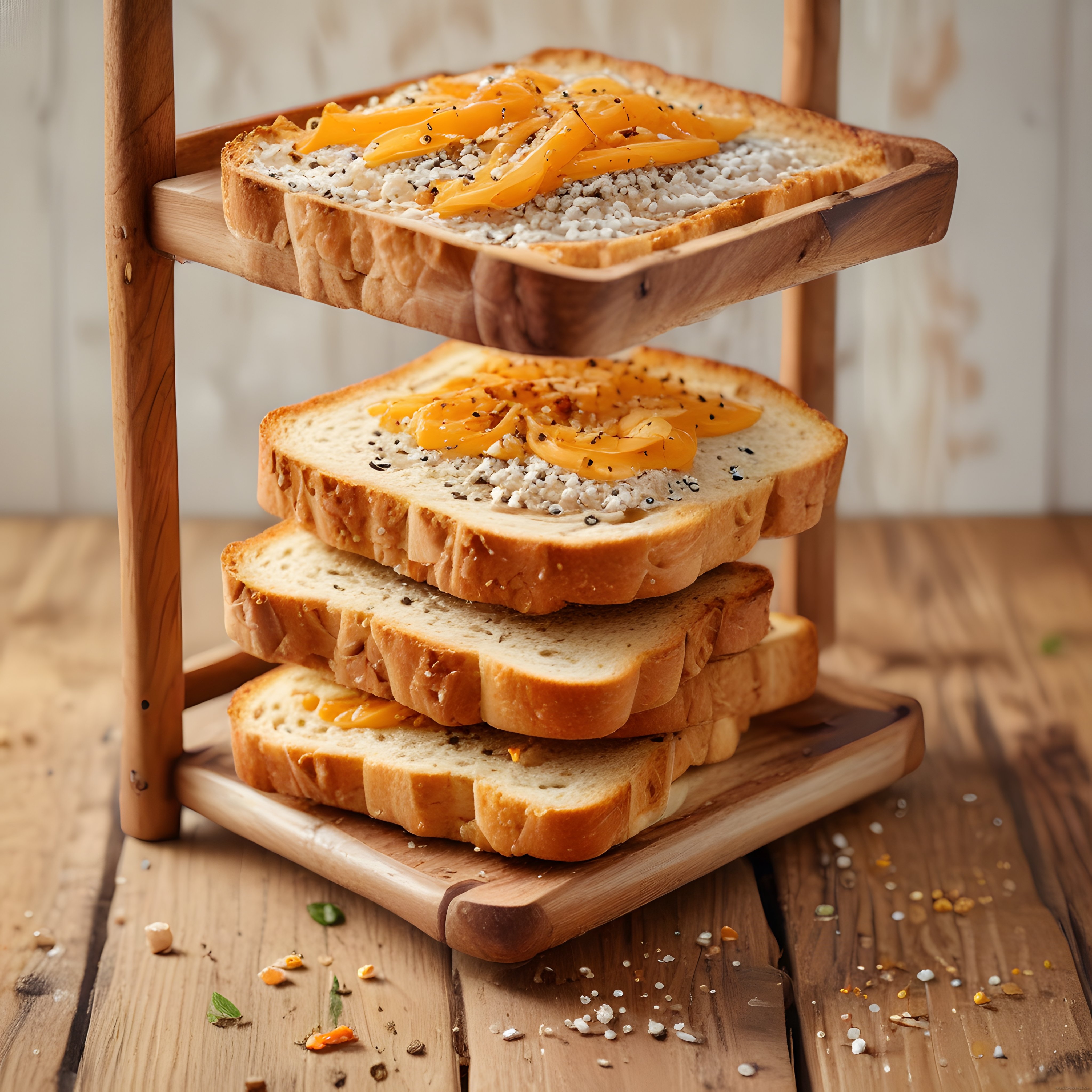 Ahşap Sunum Standında Kahvaltılık Tost ve Baharat Süslemeli Ekmek Dilimleri