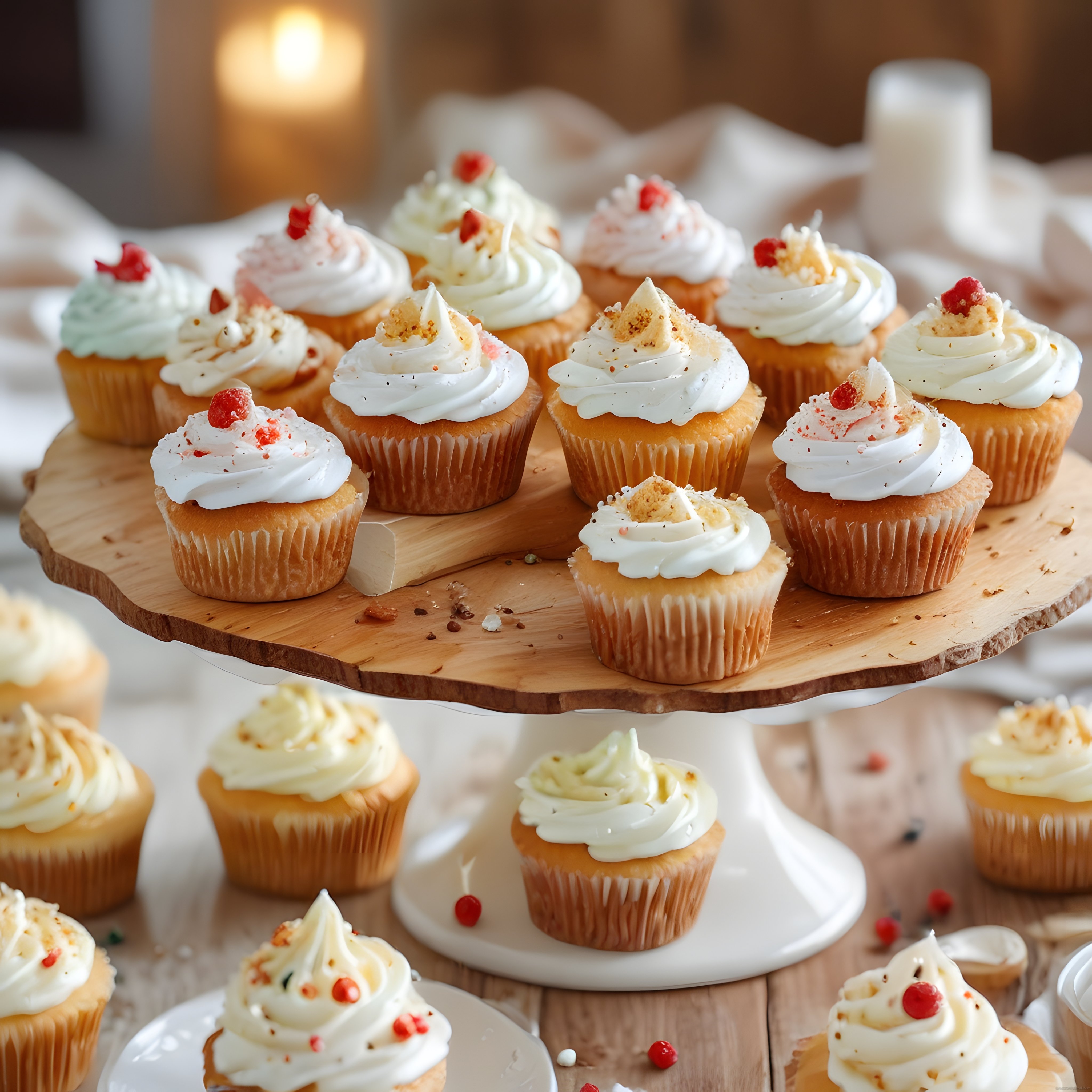Ahşap Sunum Standında Kremalı ve Taze Meyveli Cupcakeler: Sıcak Atmosfer