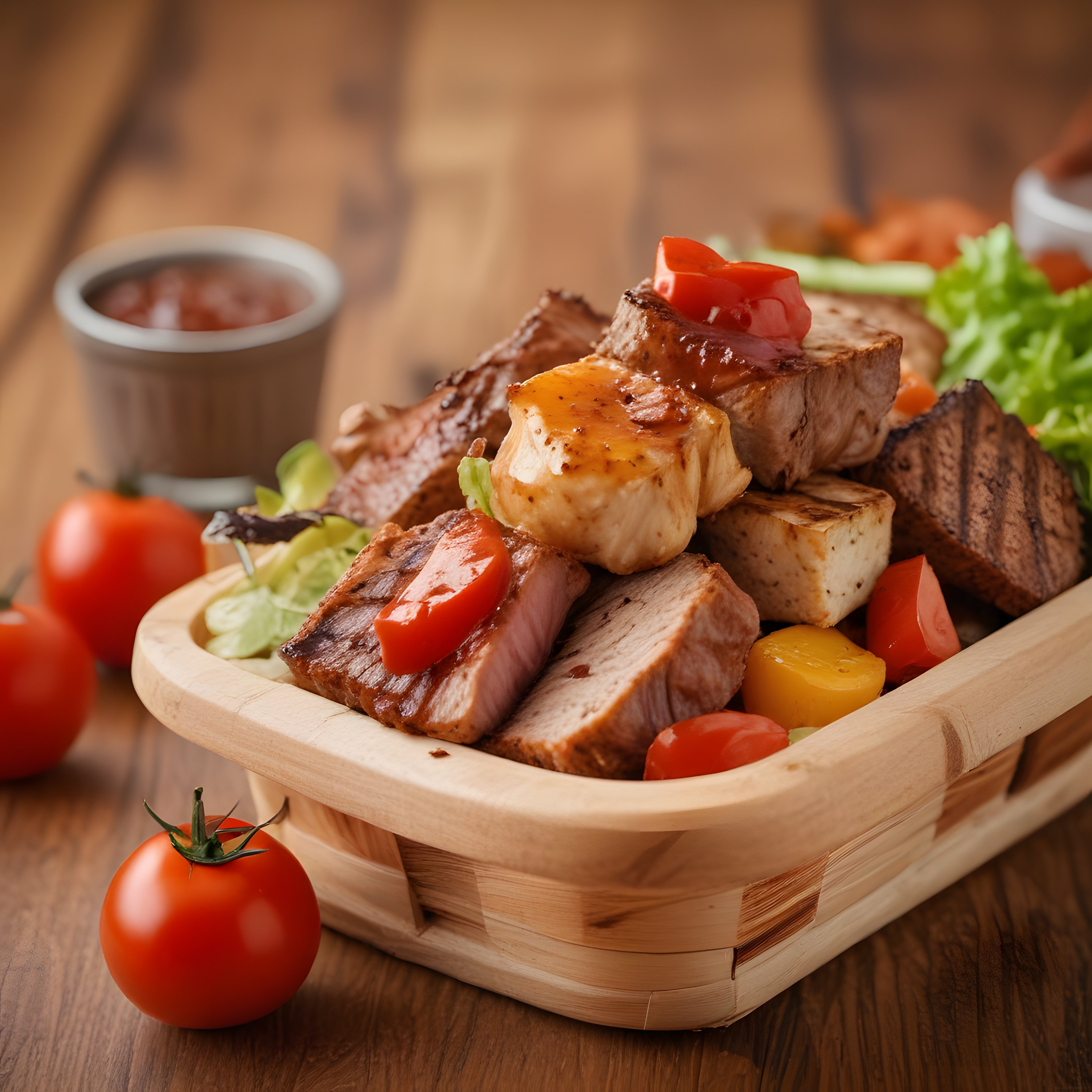 Ahşap Sunum Tabağında Barbekü Soslu Izgara Et ve Sebze Çeşitleri