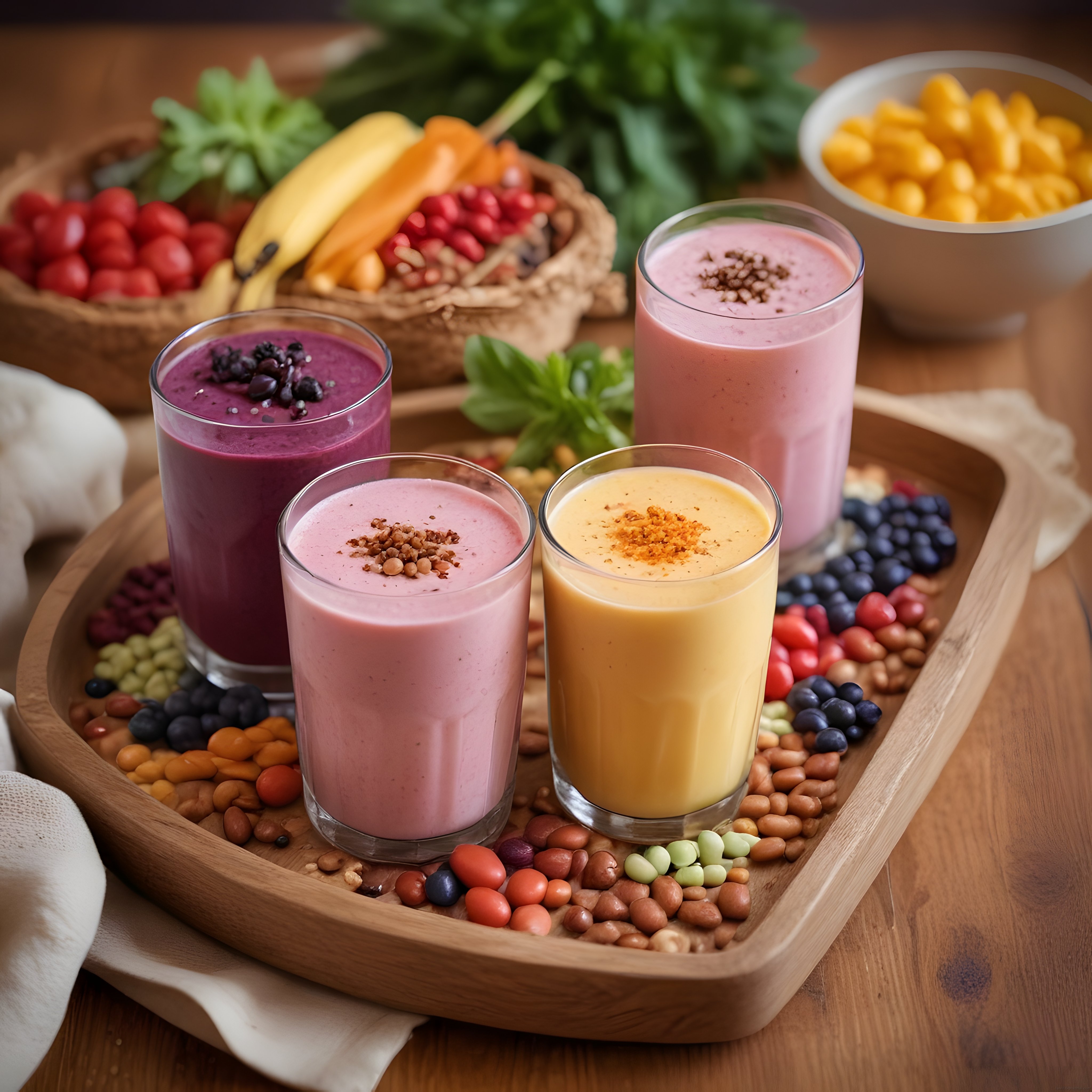 Ahşap Sunum Tabağında Çeşitli Meyveli Sağlıklı Smoothie ve Taze Malzemeler