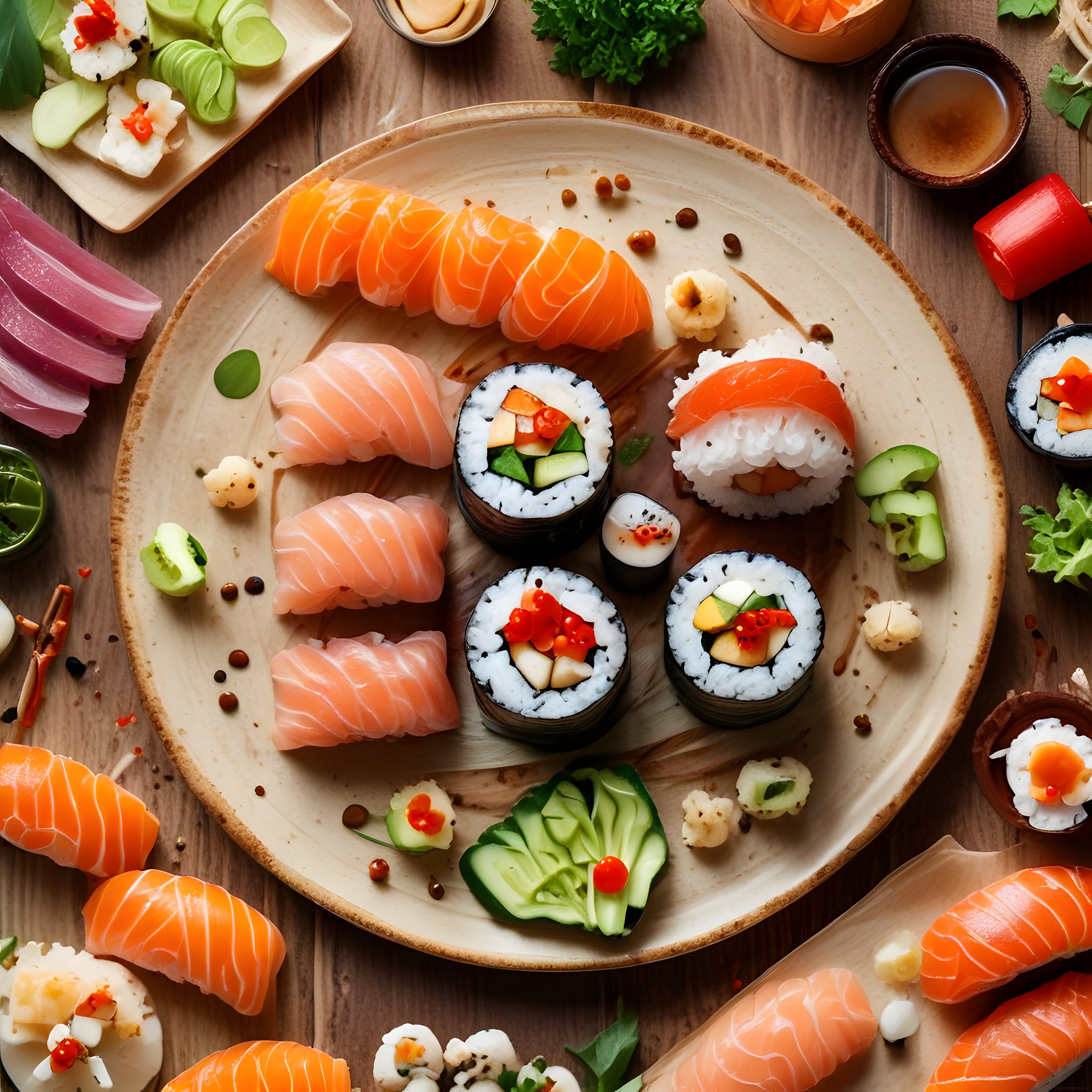 Ahşap Sunum Tabağında Çeşitli Sushi ve Taze Somon Nigiri Alternatifleri