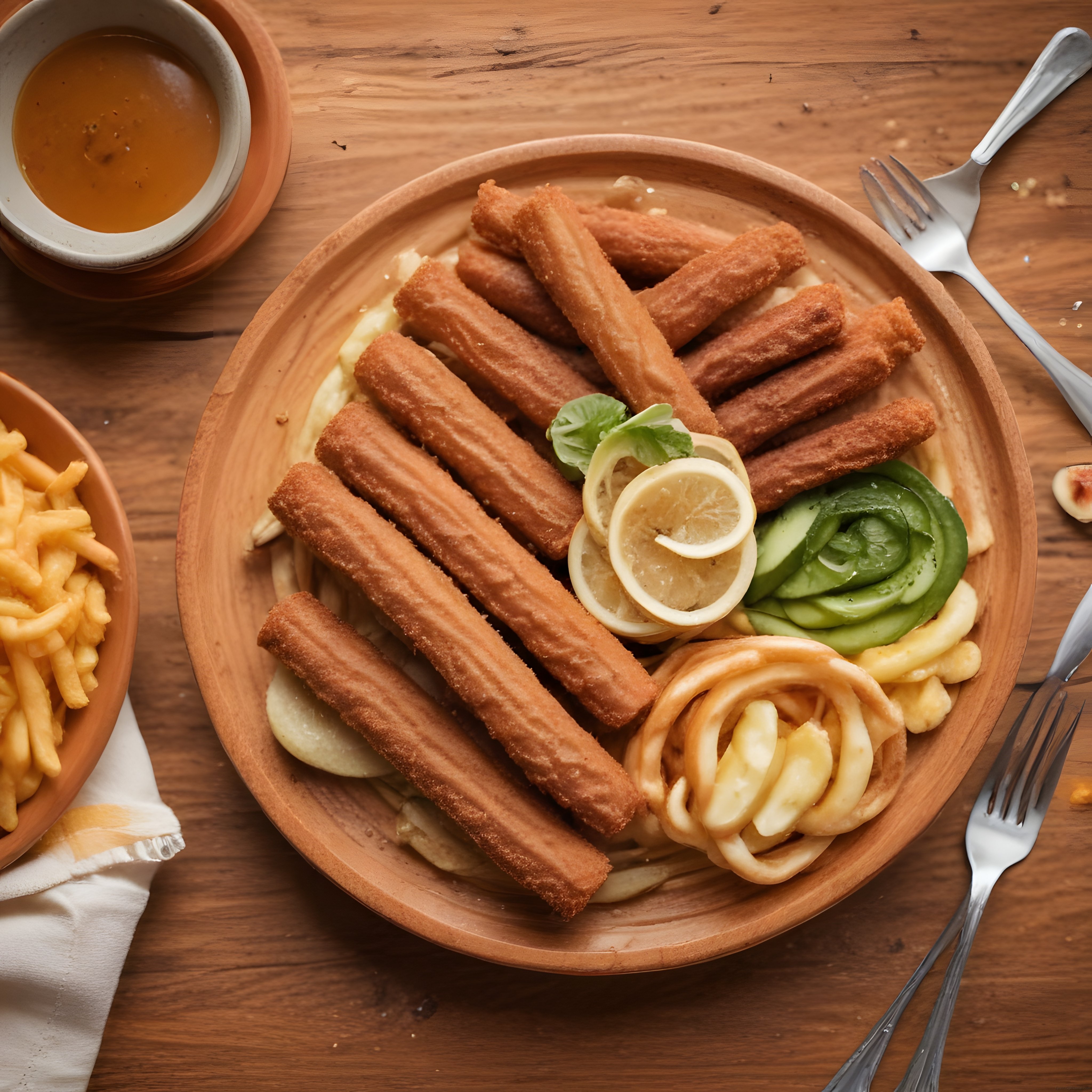 Ahşap sunum tabağında churros tarzı tatlılar, karamel sos ve garnitürler