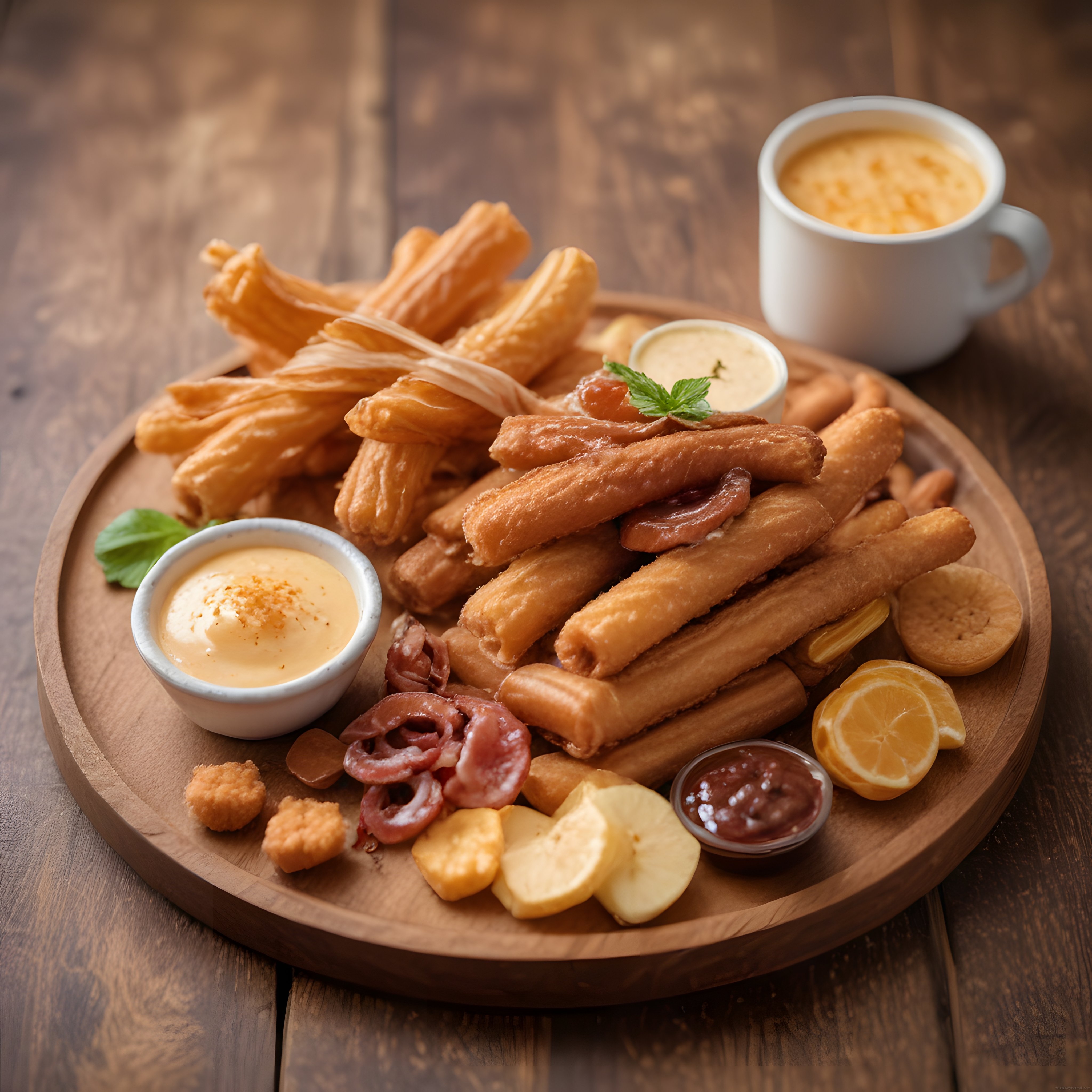Ahşap Sunum Tabağında Churros ve Çıtır Atıştırmalıklar ile Sıcak İçecek
