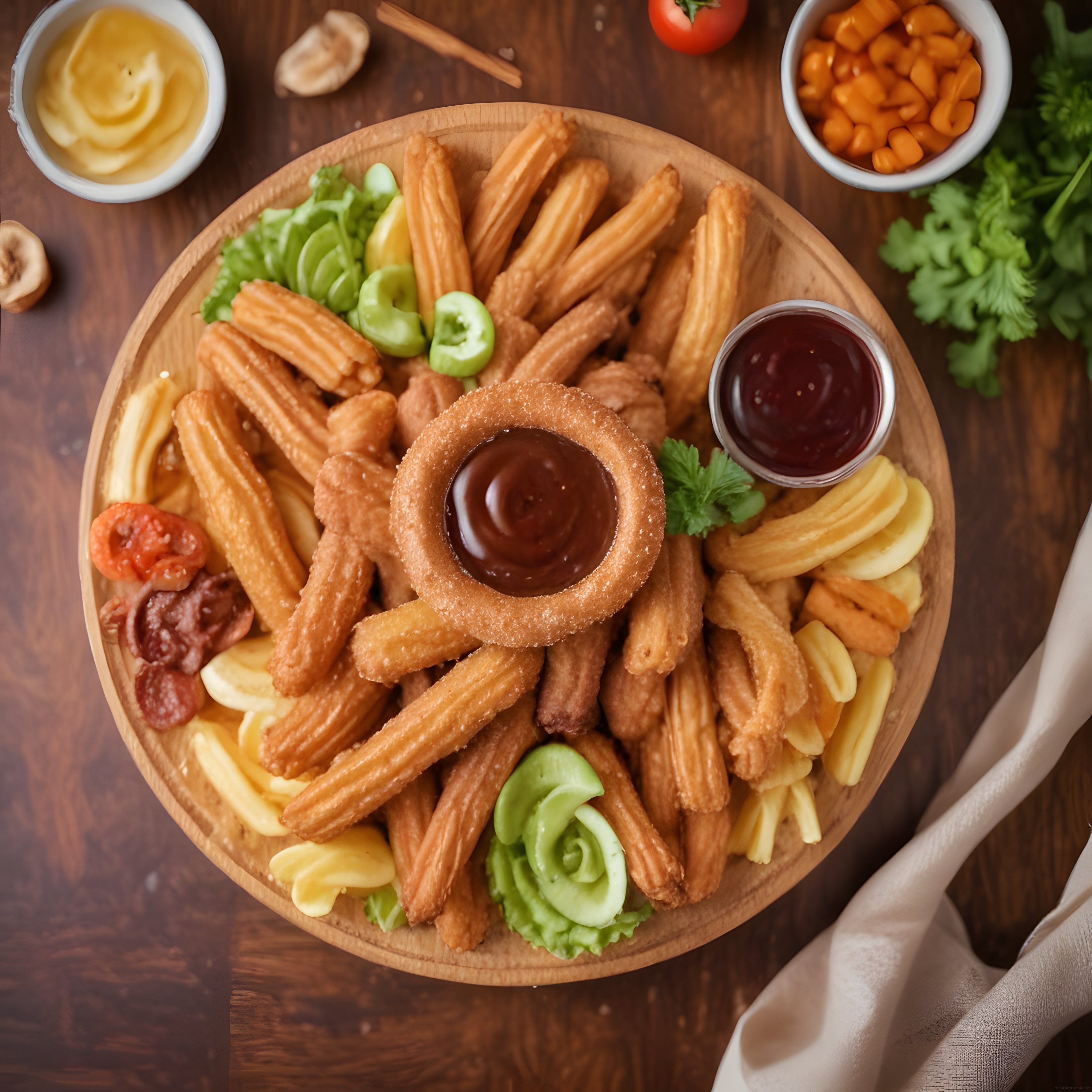 Ahşap Sunum Tabağında Churros ve Makarna ile Lezzet Dolu Atıştırmalık