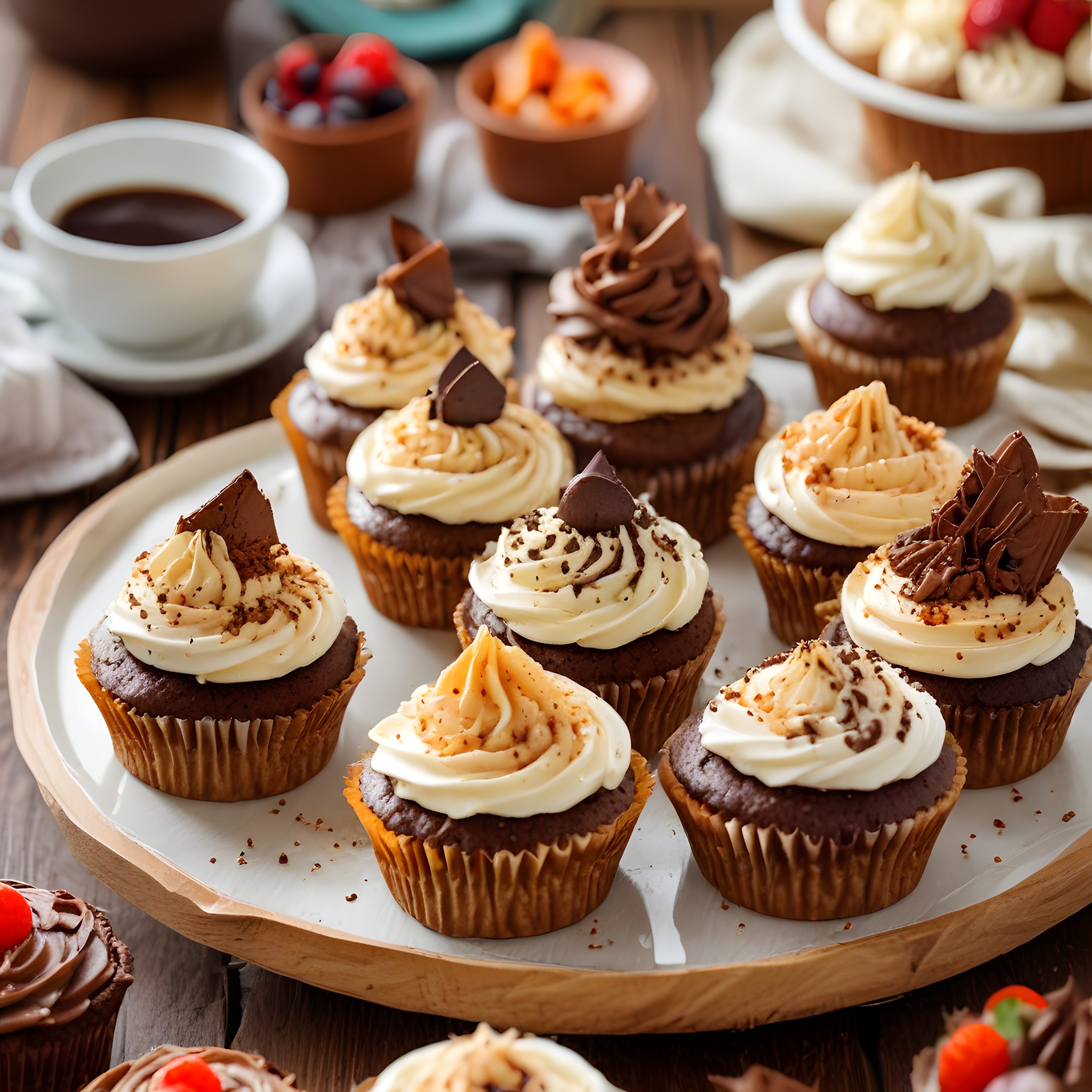 Ahşap sunum tabağında çikolatalı cupcake çeşitleri ve yanında sıcak kahve