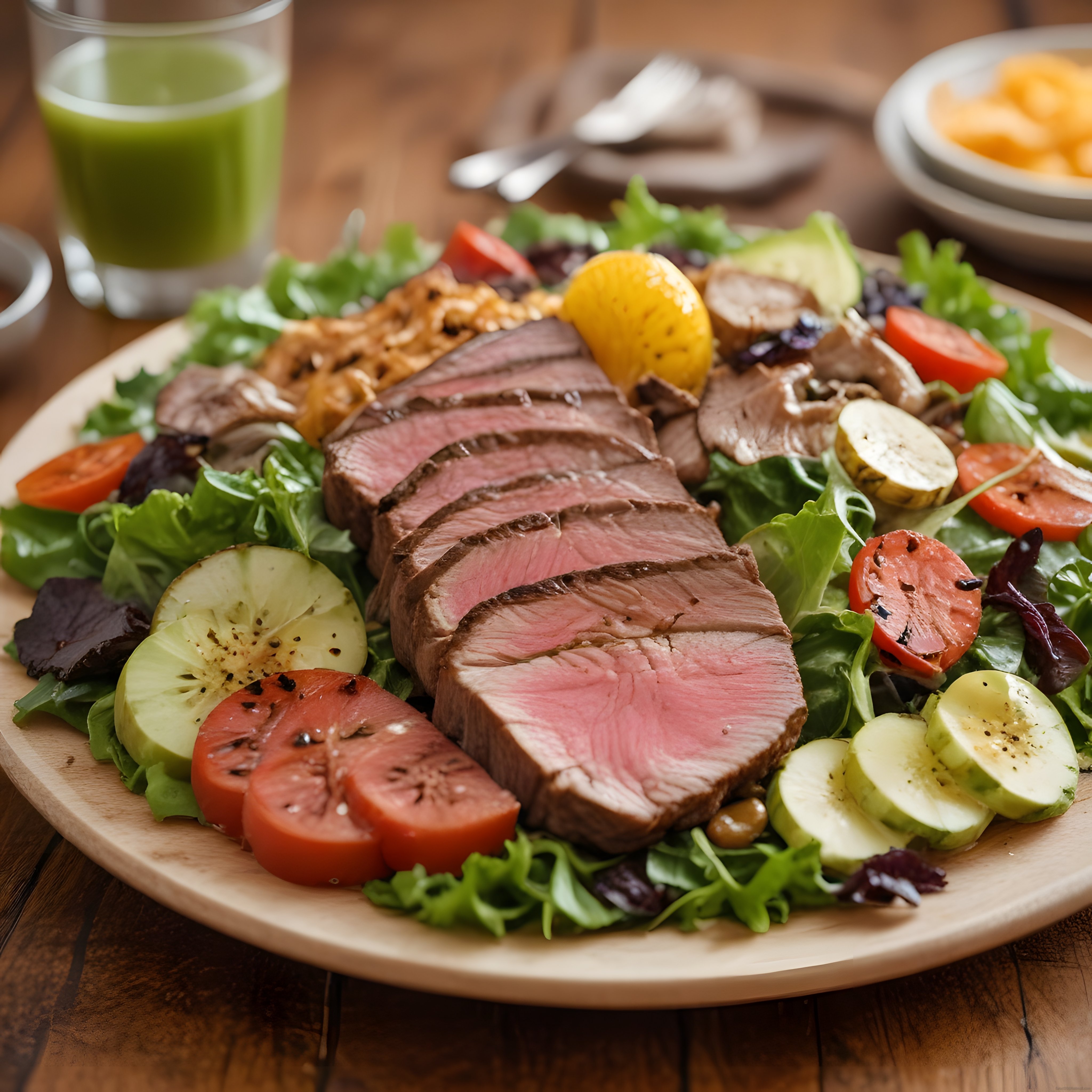 Ahşap Sunum Tabağında Dilimlenmiş Bonfileli Salata ve Yeşil İçecek