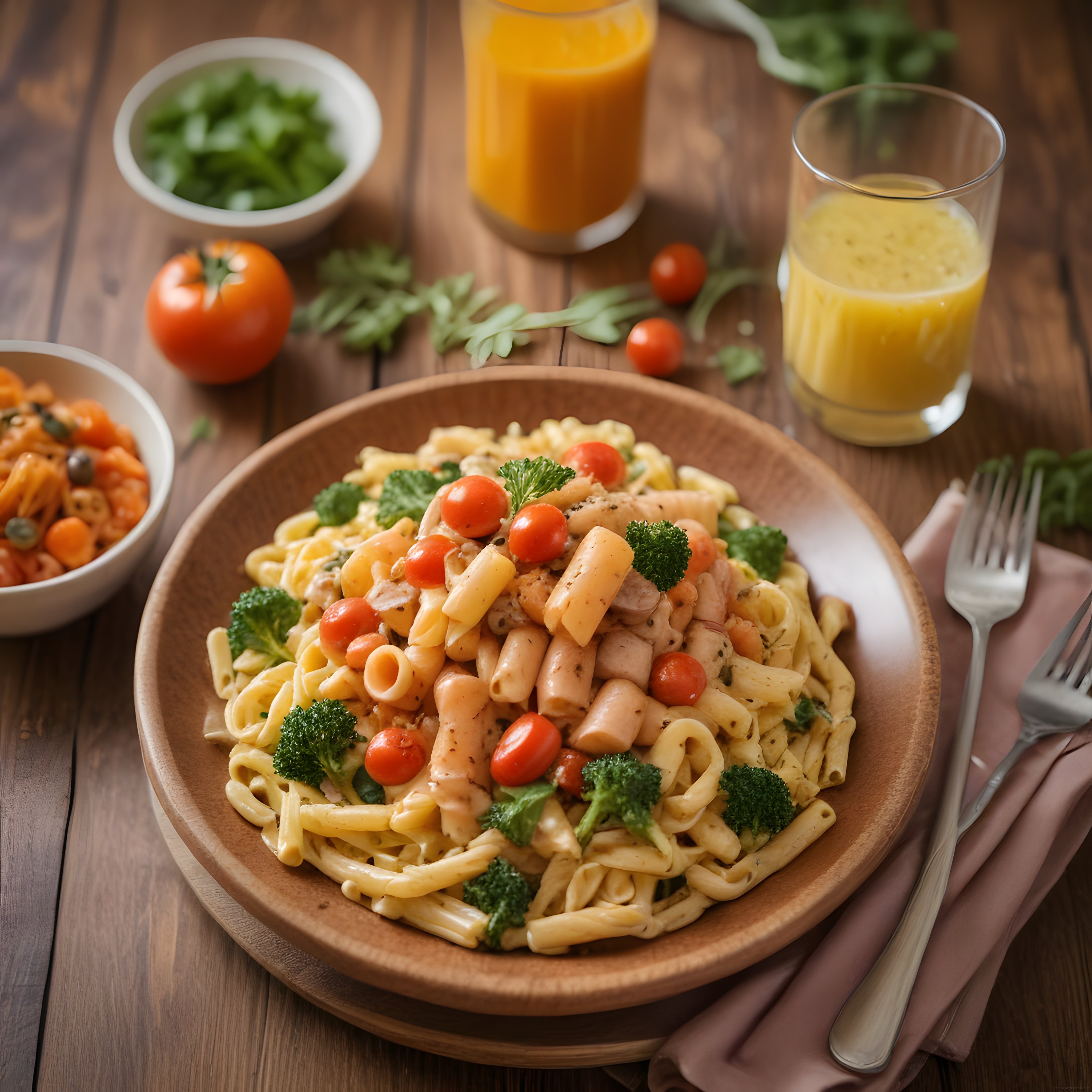 Ahşap Sunum Tabağında Domatesli Brokolili Tavuklu Penne Makarna