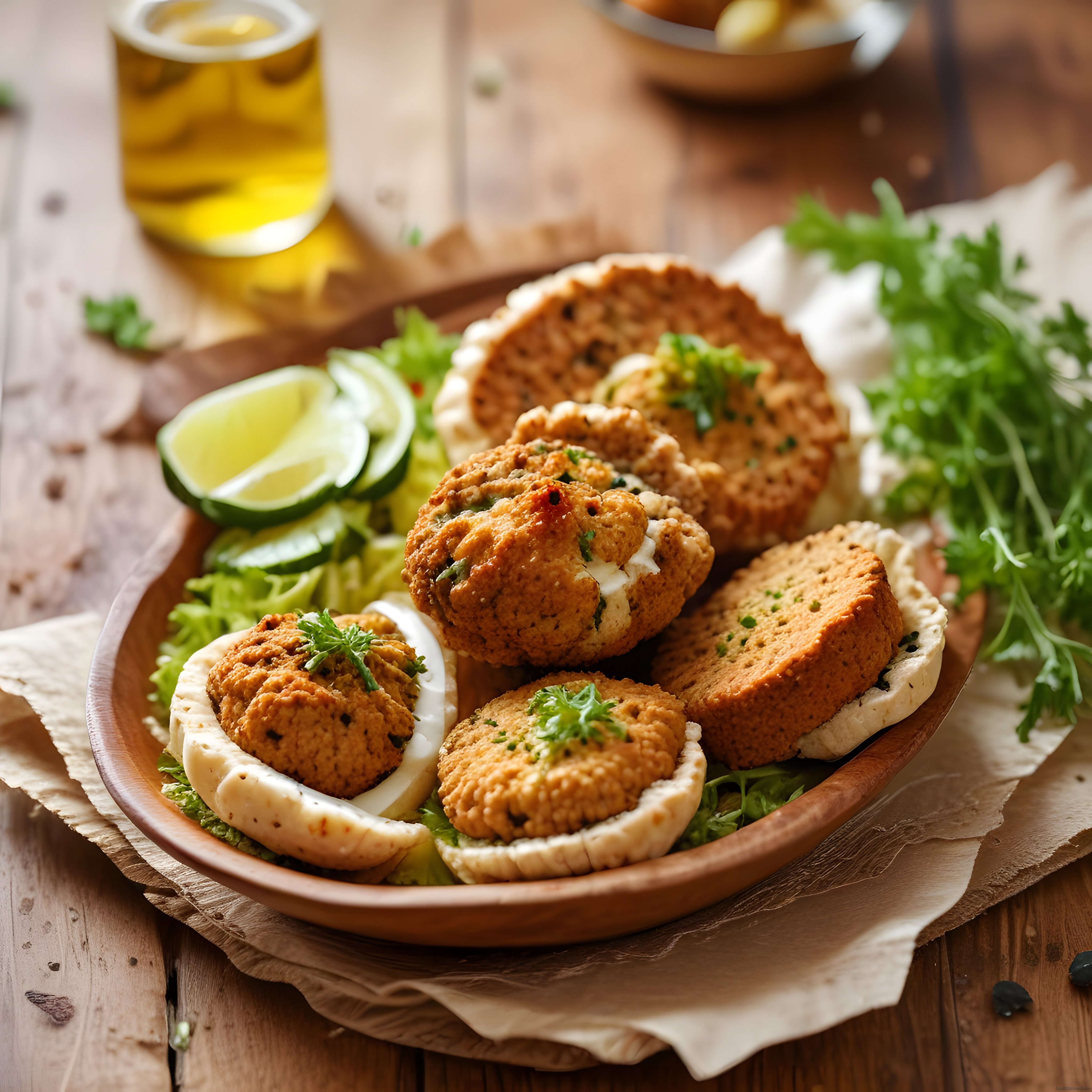 Ahşap Sunum Tabağında Falafel Köftesi, Taze Yeşillikler ve Limon Eşliğinde Sunum