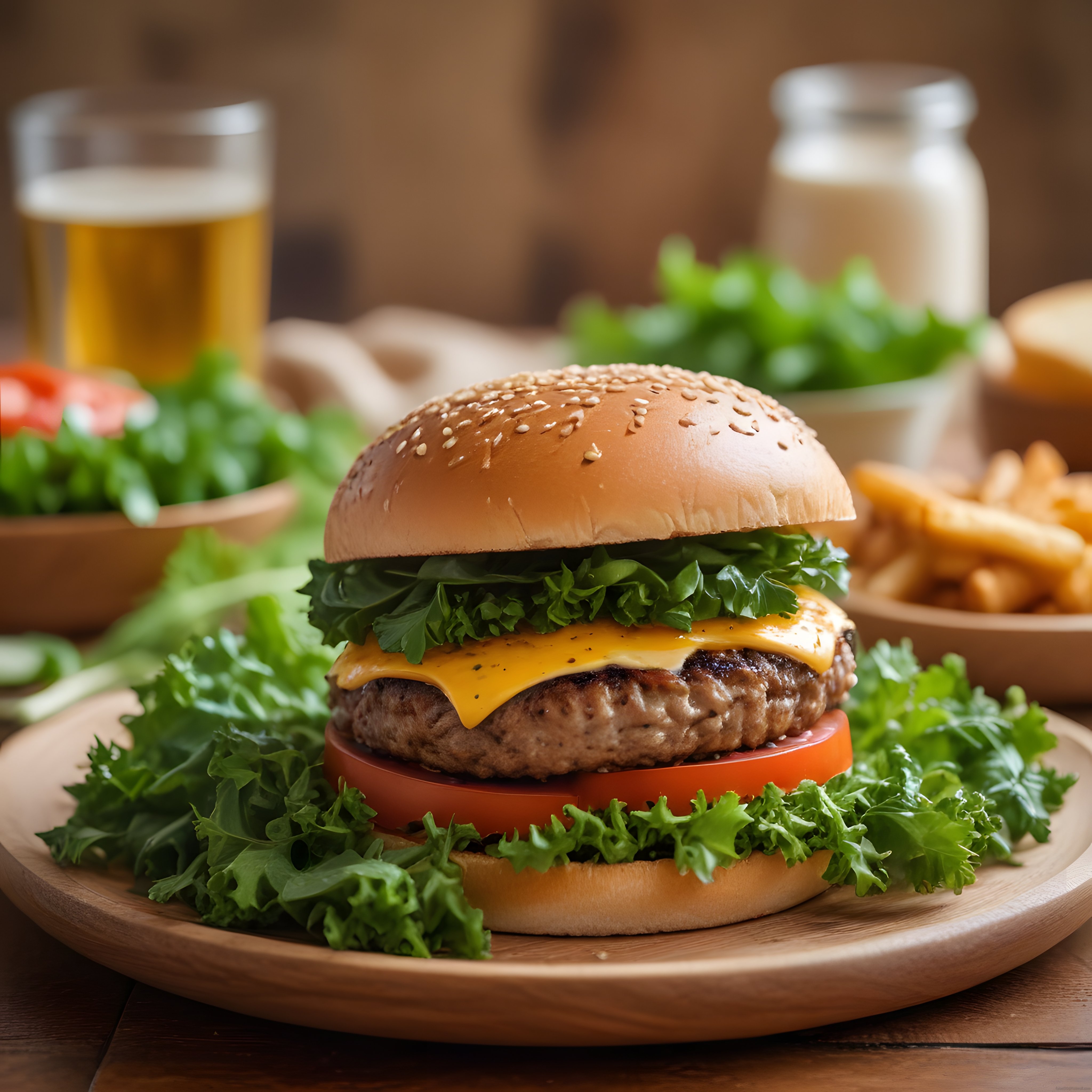 Ahşap Sunum Tabağında Göz Alıcı Ev Yapımı Cheeseburger ve Patates Kızartması