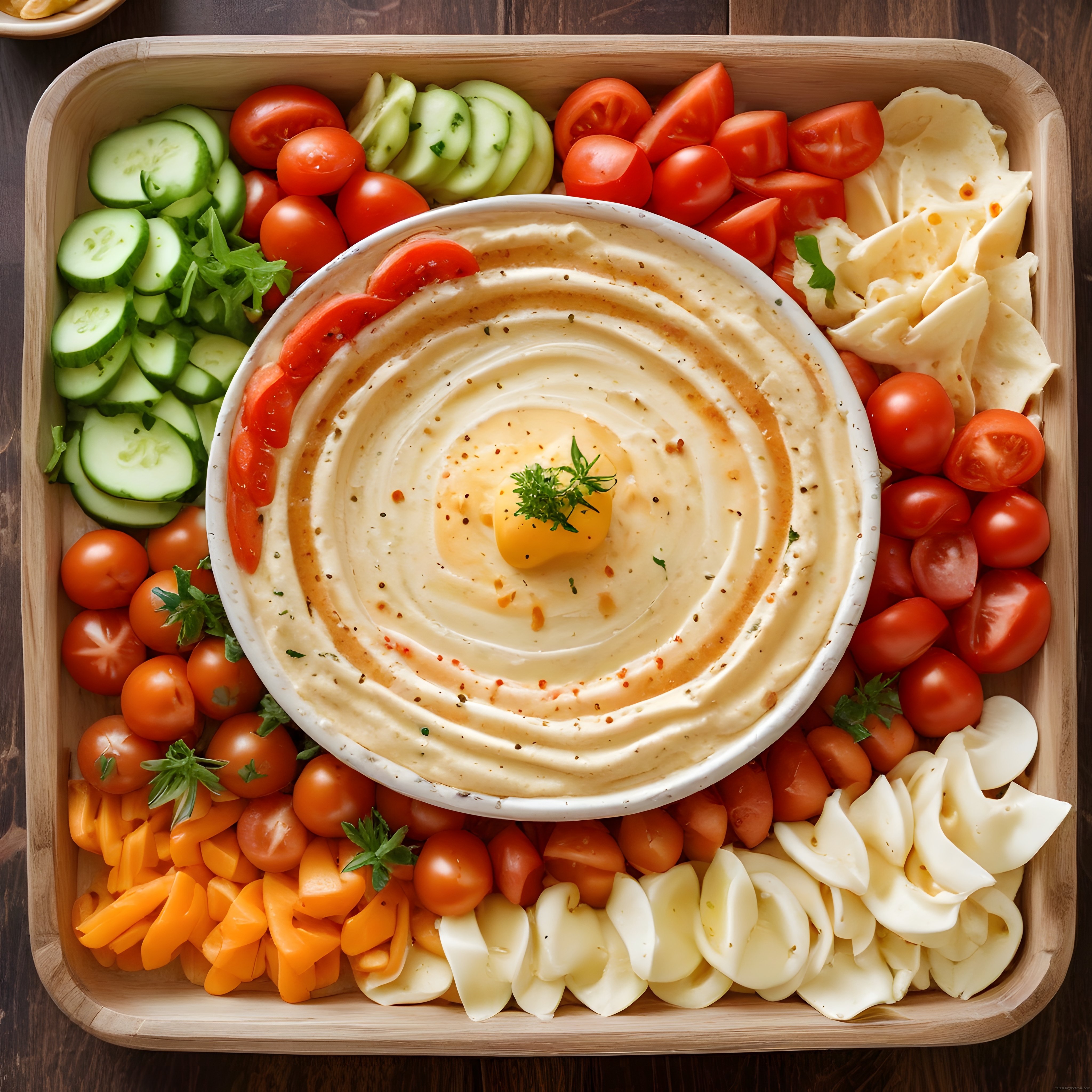 Ahşap Sunum Tabağında Humus, Peynir ve Taze Sebzelerle Kahvaltı Keyfi