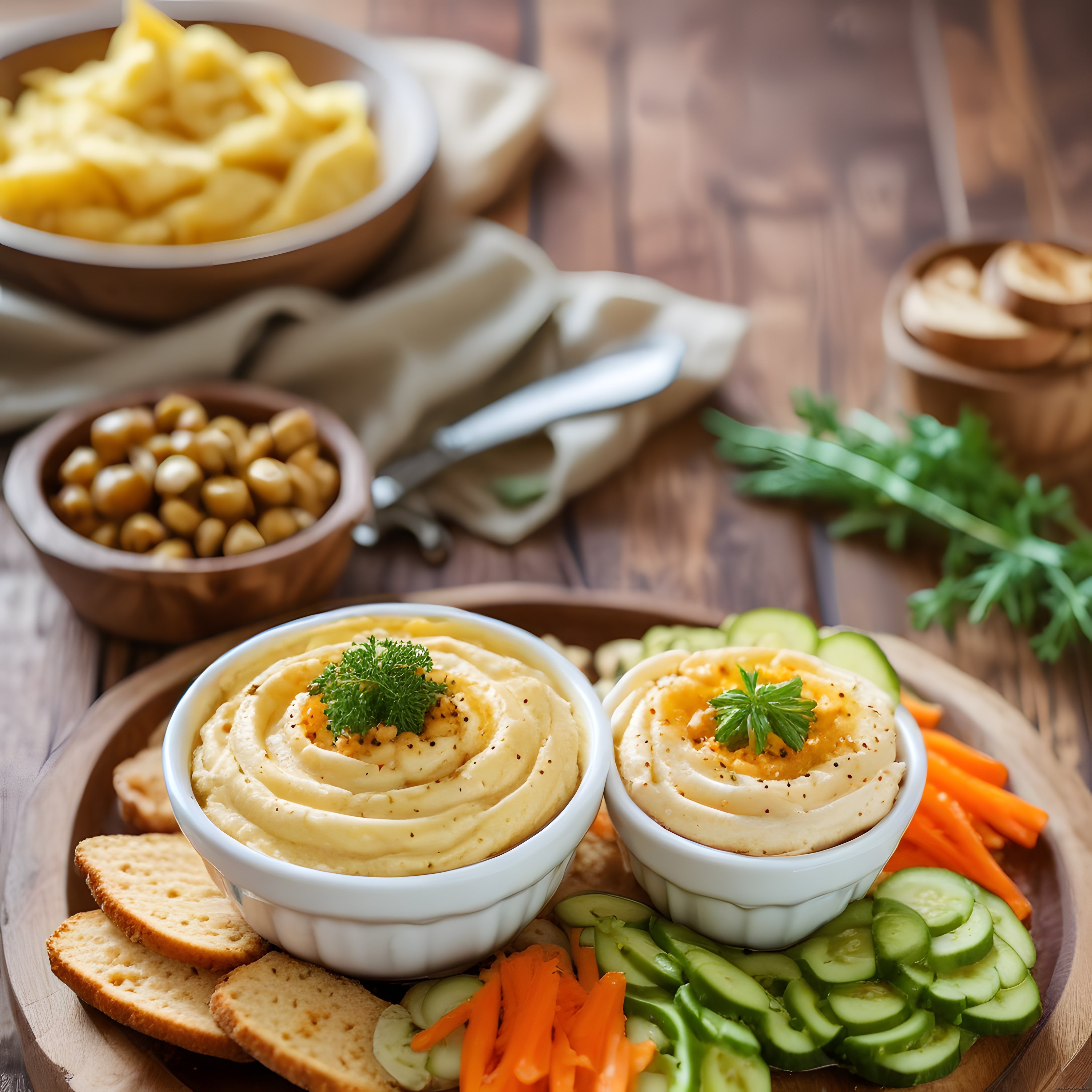 Ahşap Sunum Tabağında Humus: Taze Sebzeler ve Kıtır Ekmeklerle Atıştırmalık