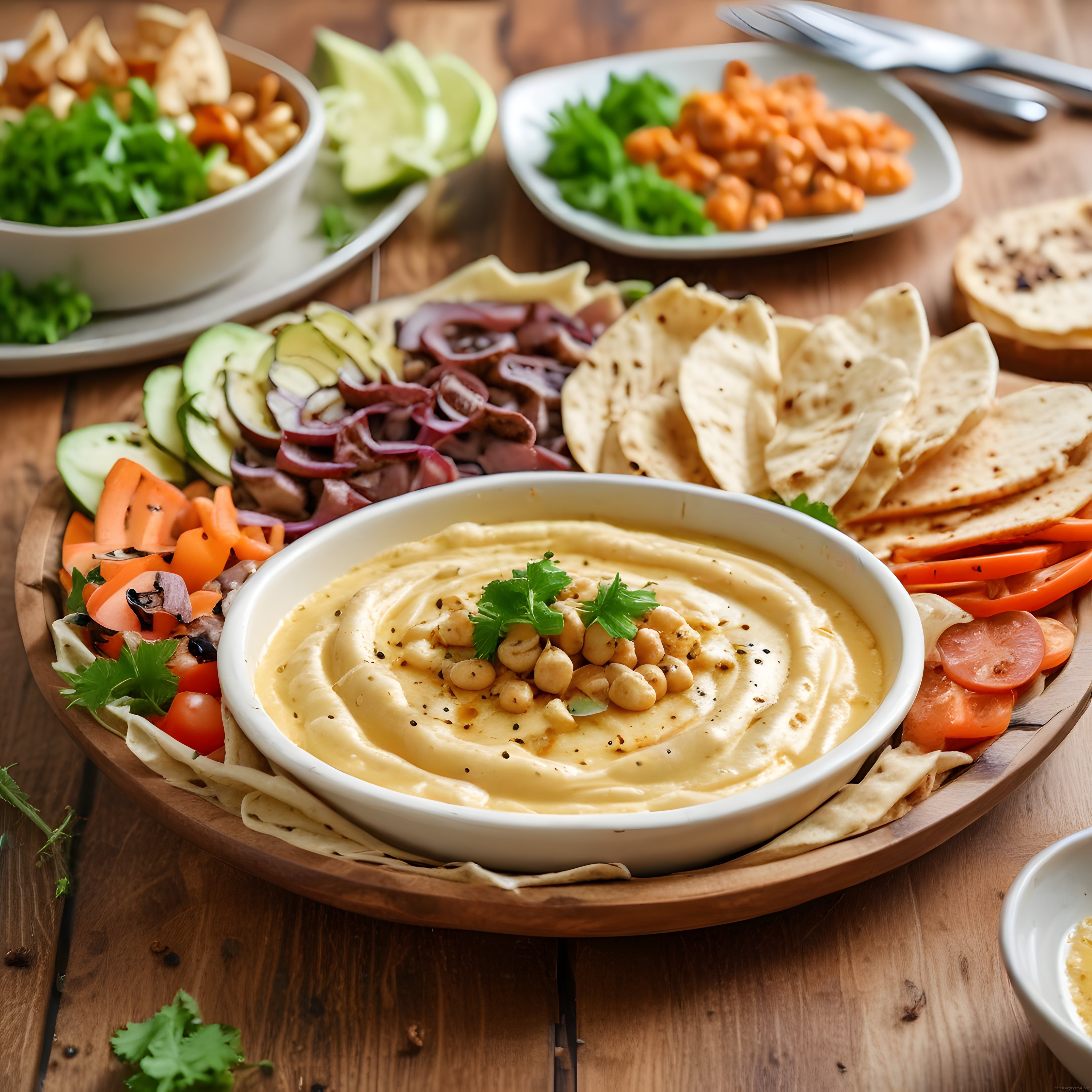 Ahşap Sunum Tabağında Humus, Tortilla ve Taze Sebzelerle Egzotik Meze Keyfi