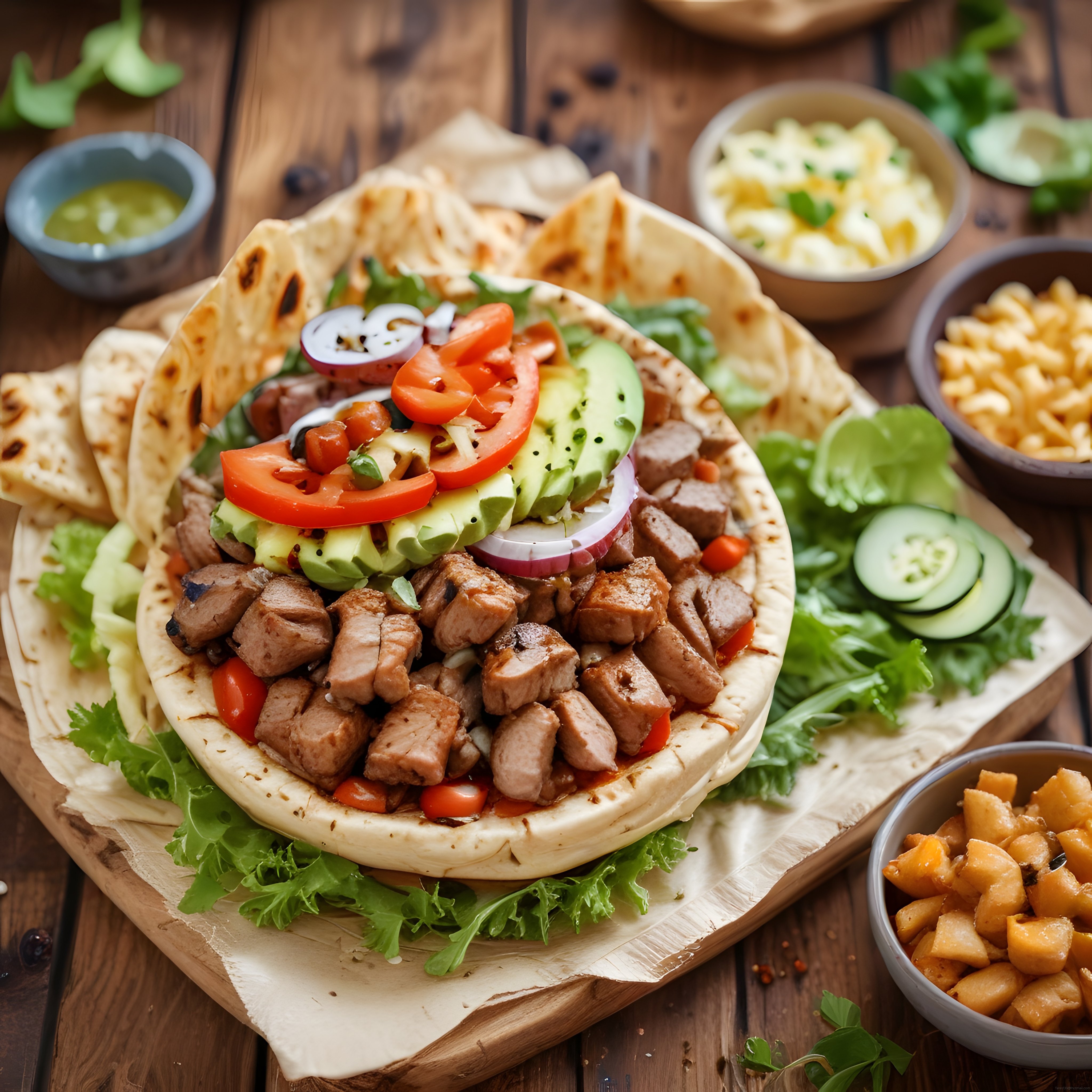 Ahşap Sunum Tabağında Izgara Etli ve Avokadolu Renkli Taco Servisi