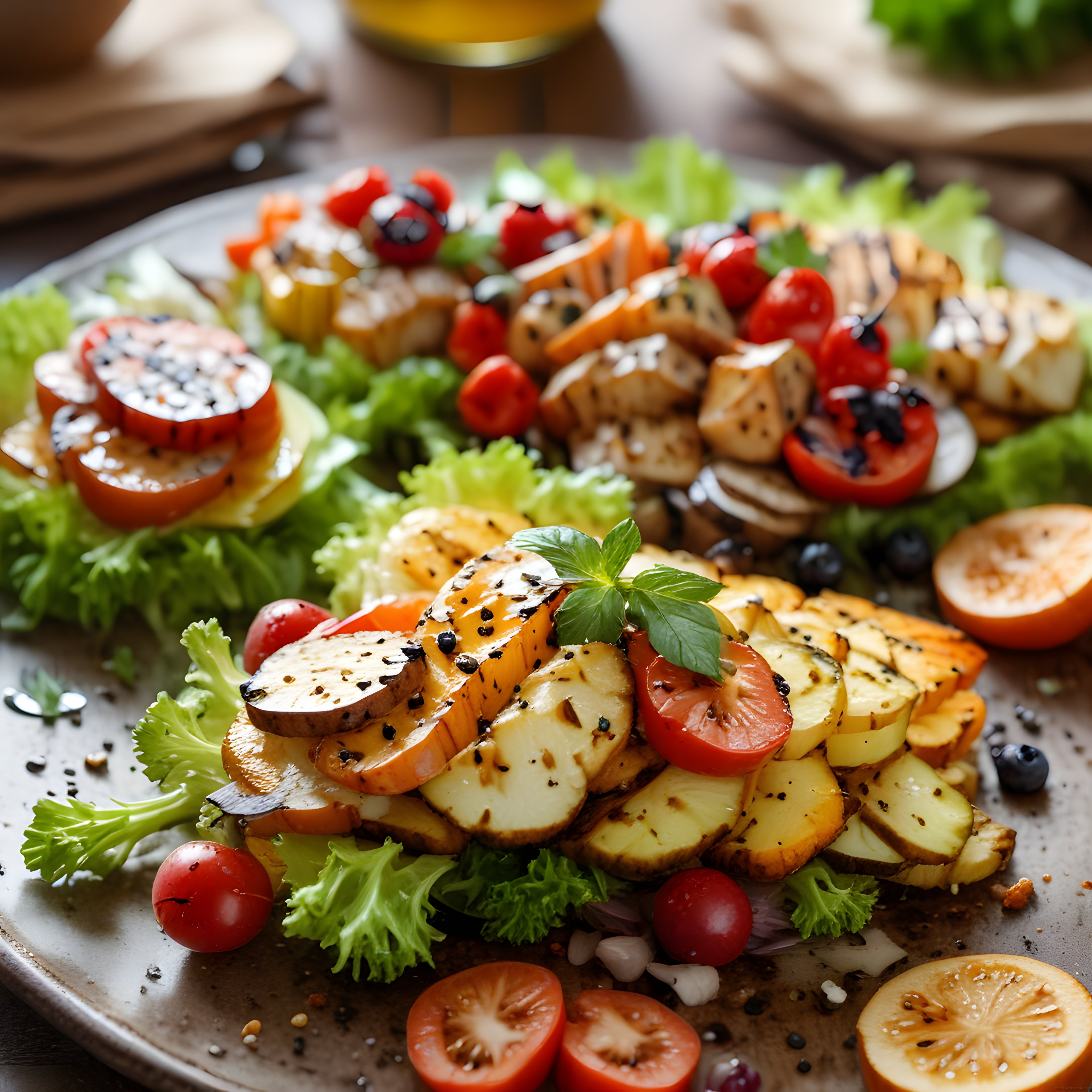 Ahşap Sunum Tabağında Izgara Sebzeli Nar Soslu Taze Yeşillik Salatası