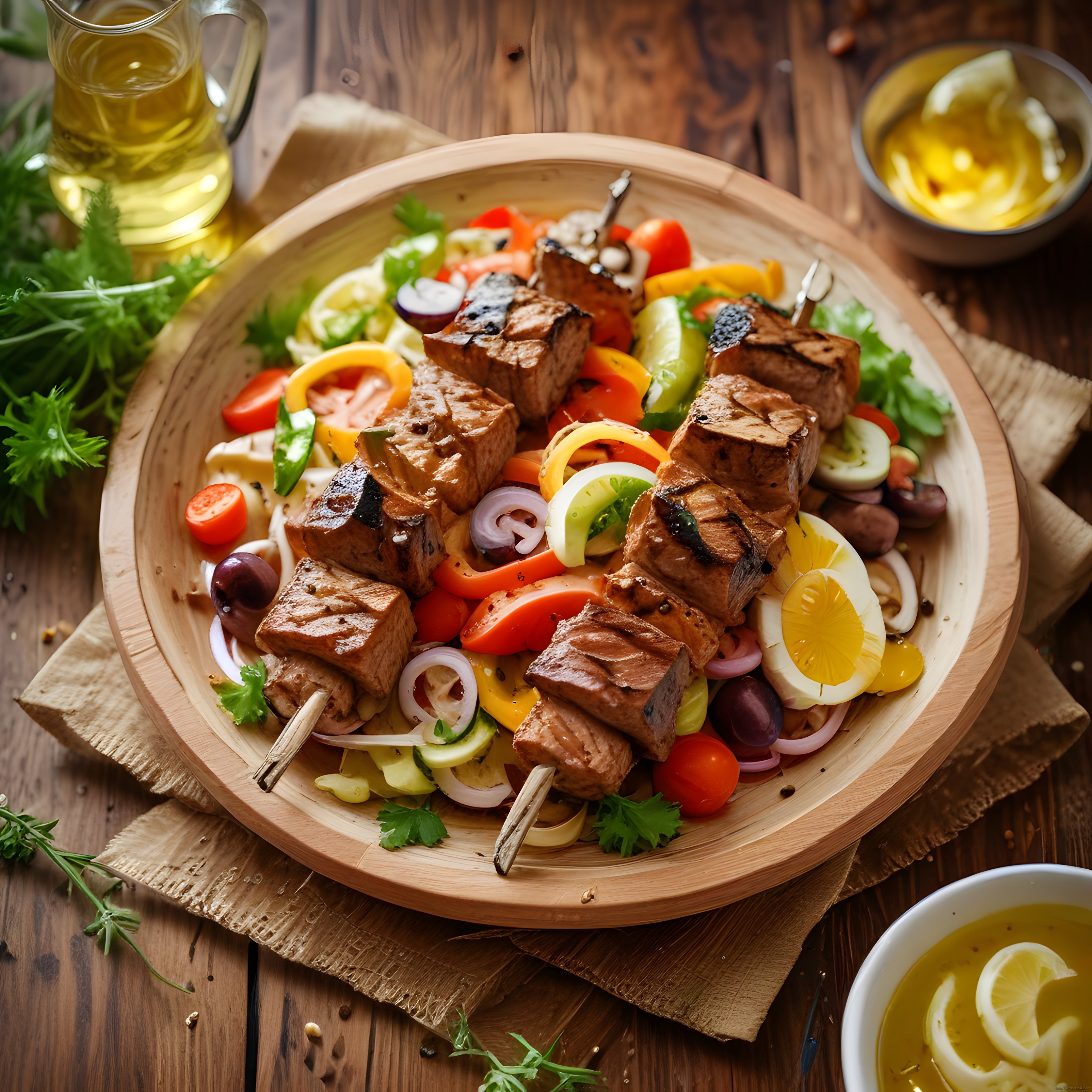 Ahşap Sunum Tabağında Izgara Şiş Kebap ve Renkli Sebzeler ile Davetkar Lezzet