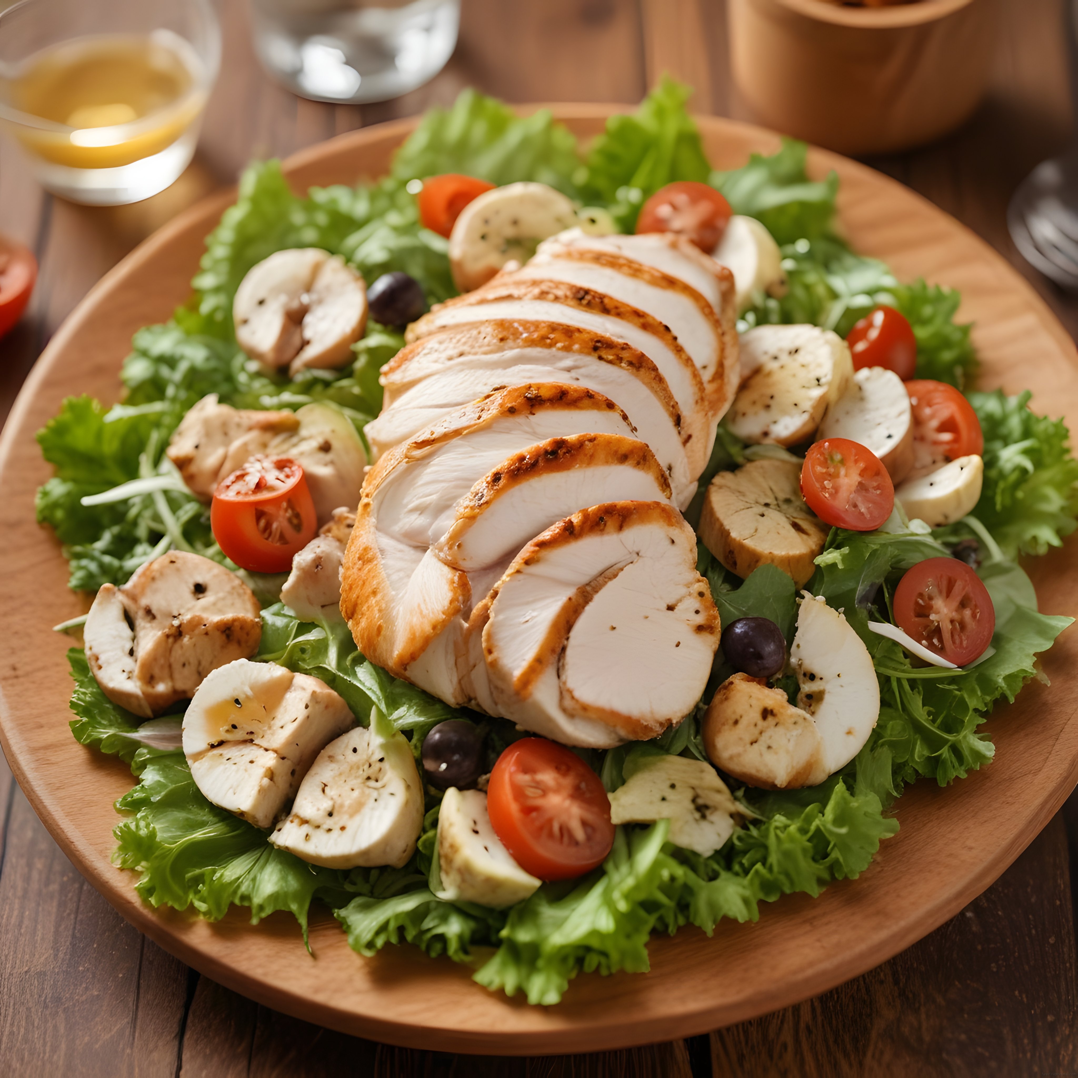 Ahşap Sunum Tabağında Izgara Tavuk Göğsü ve Taze Sebzeli Salata