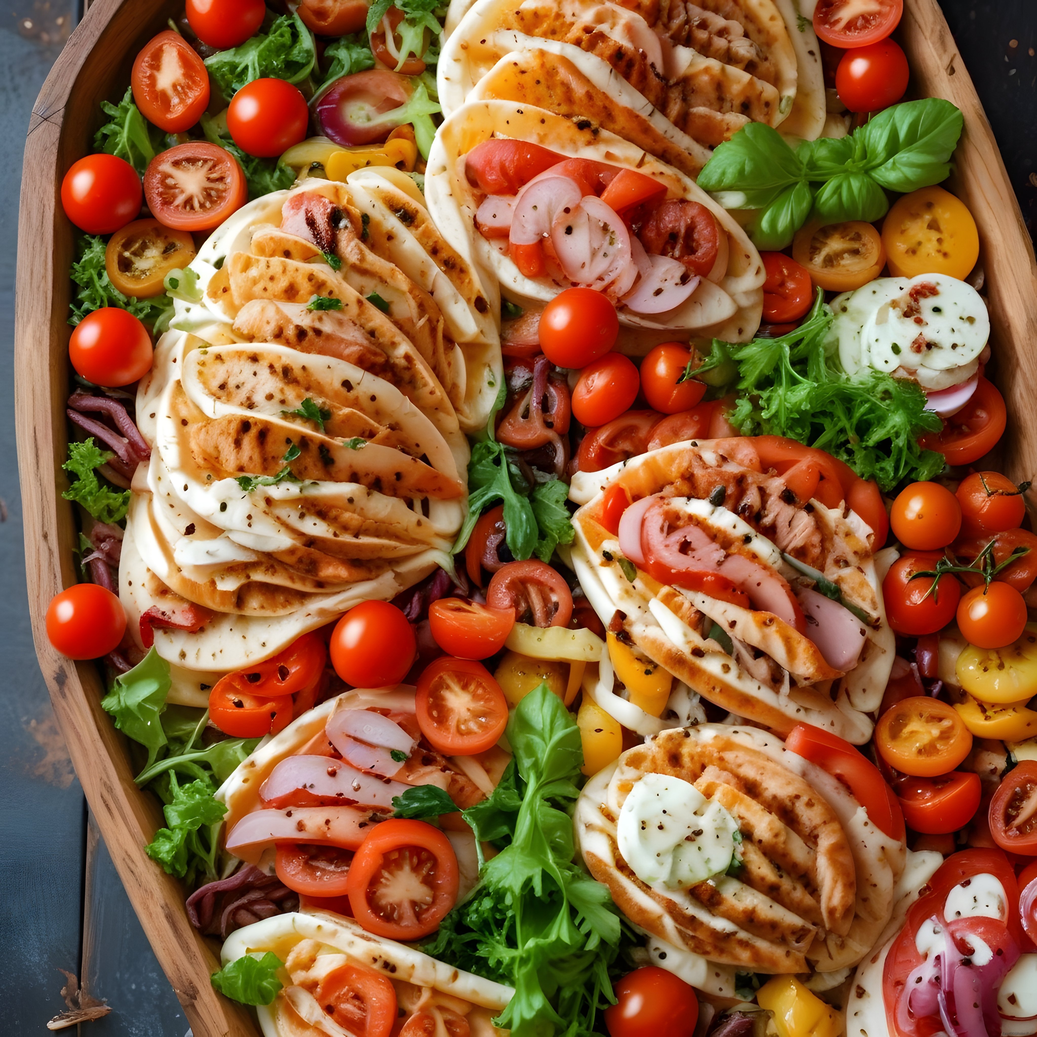 Ahşap Sunum Tabağında Mozzarellalı Izgara Tavuklu Pita ve Baharatlı Sebzeler
