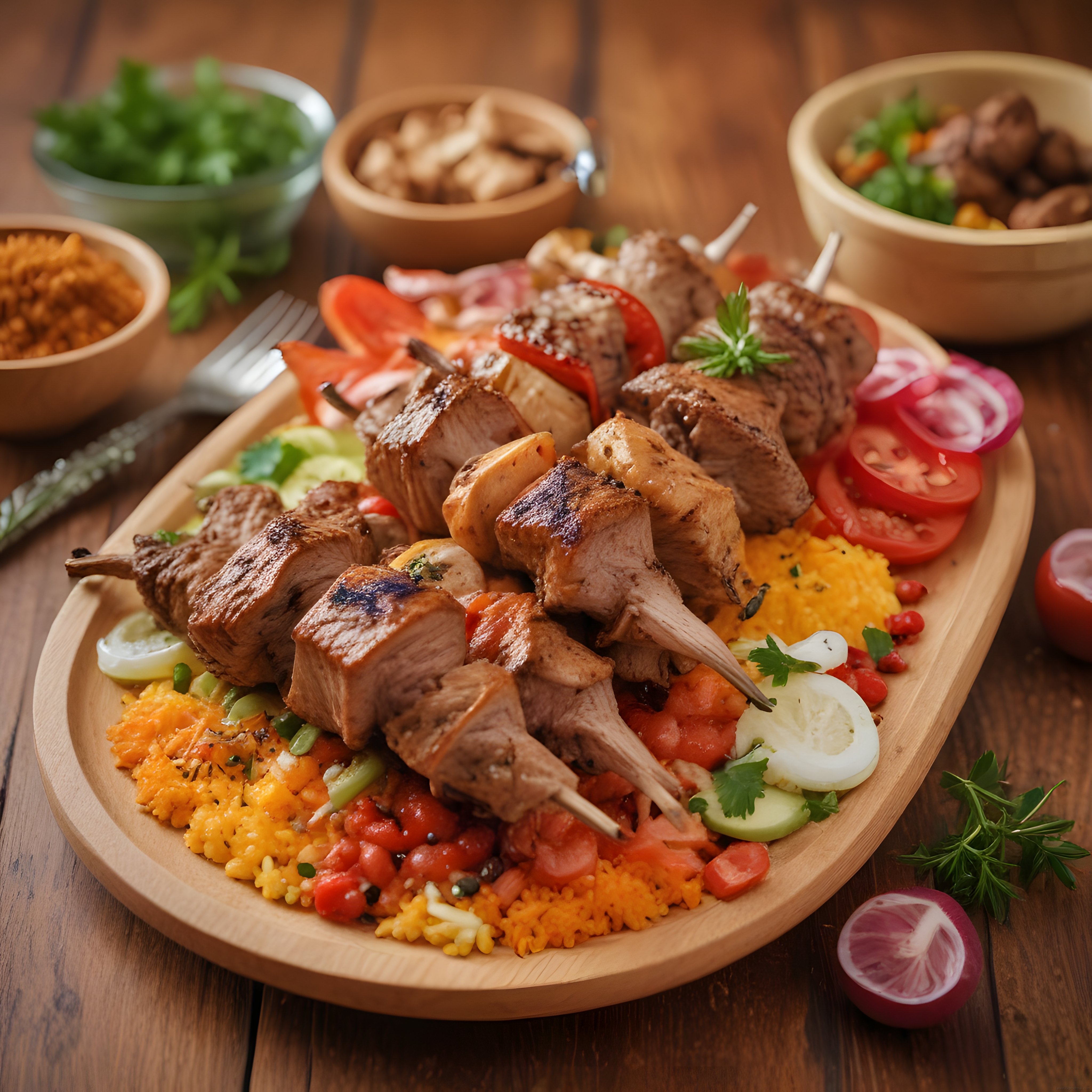 Ahşap Sunum Tabağında Özenle Hazırlanmış Izgara Şiş Kebap ve Yan Lezzetler