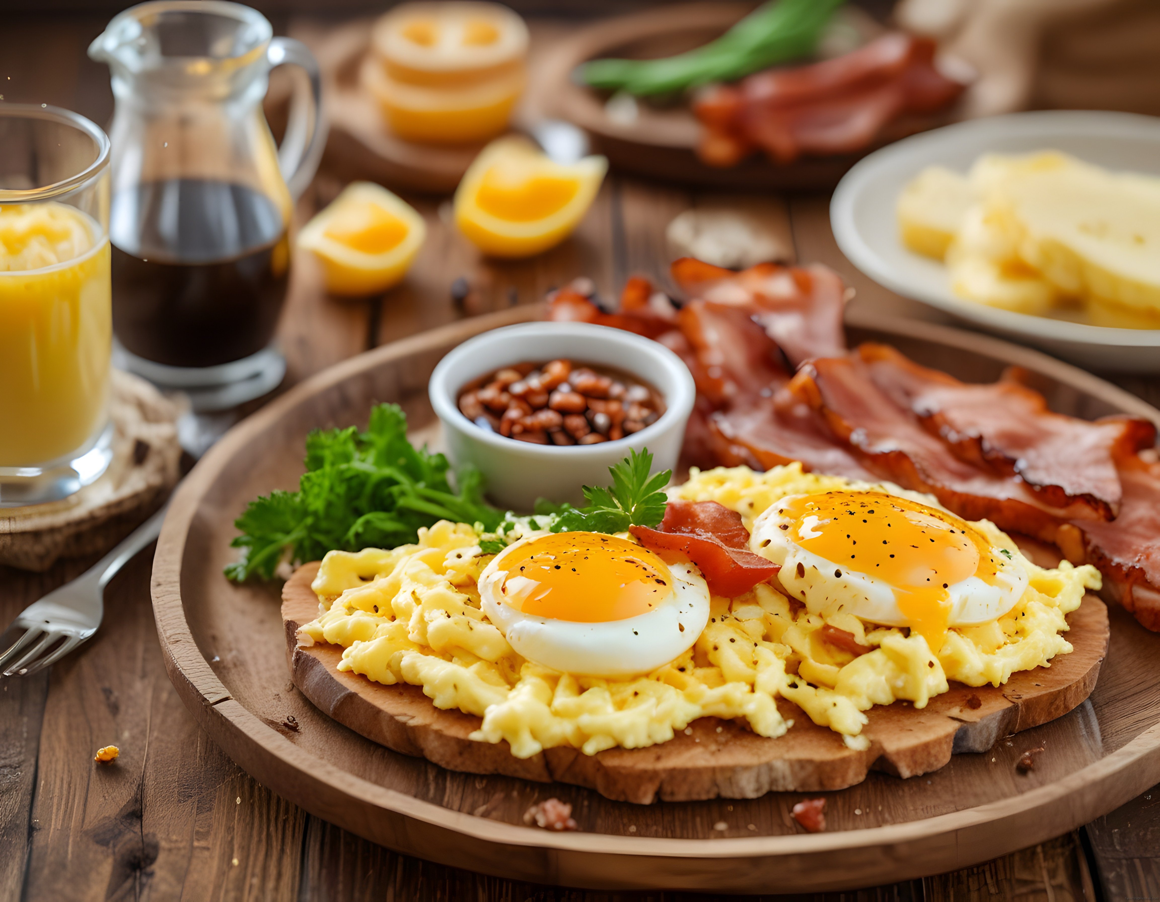 Ahşap sunum tabağında pastırmalı, fasulyeli ve çift yumurtalı kahvaltı