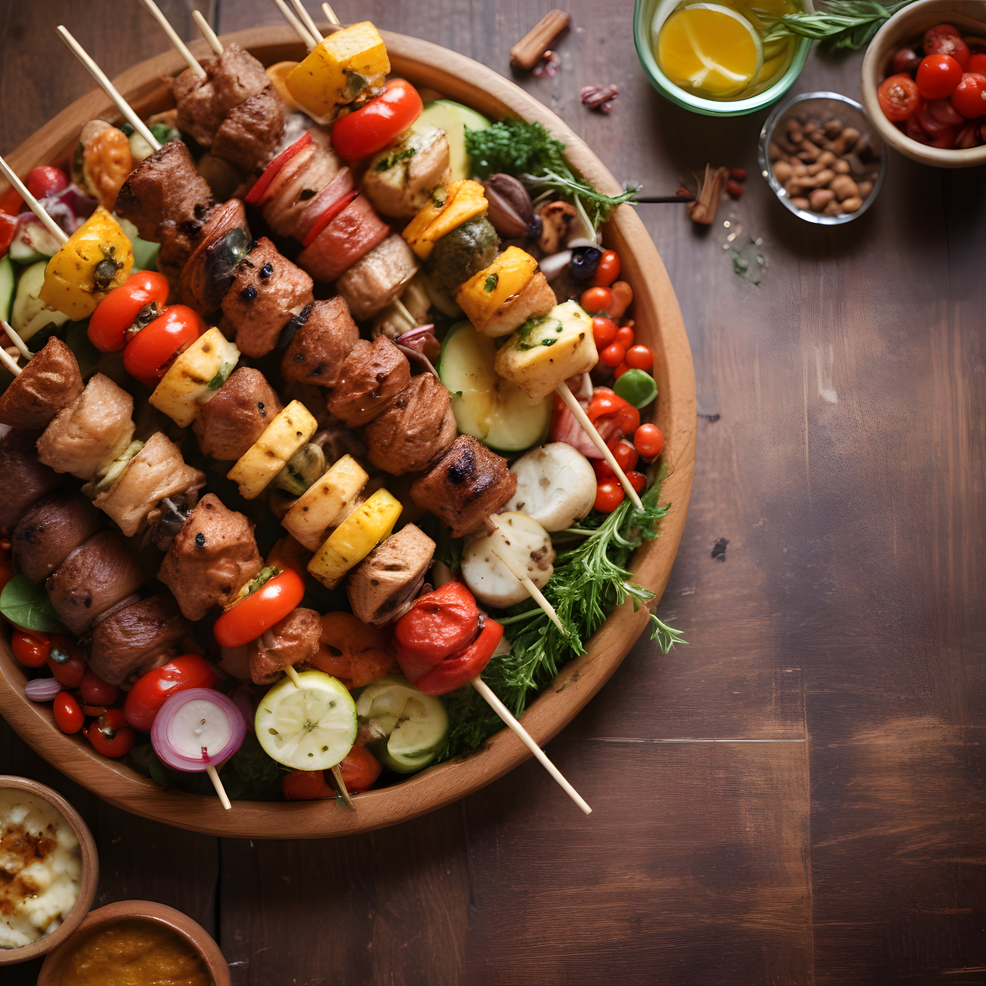 Ahşap Sunum Tabağında Renkli Izgara Şiş Kebap ve Taze Sebzeler
