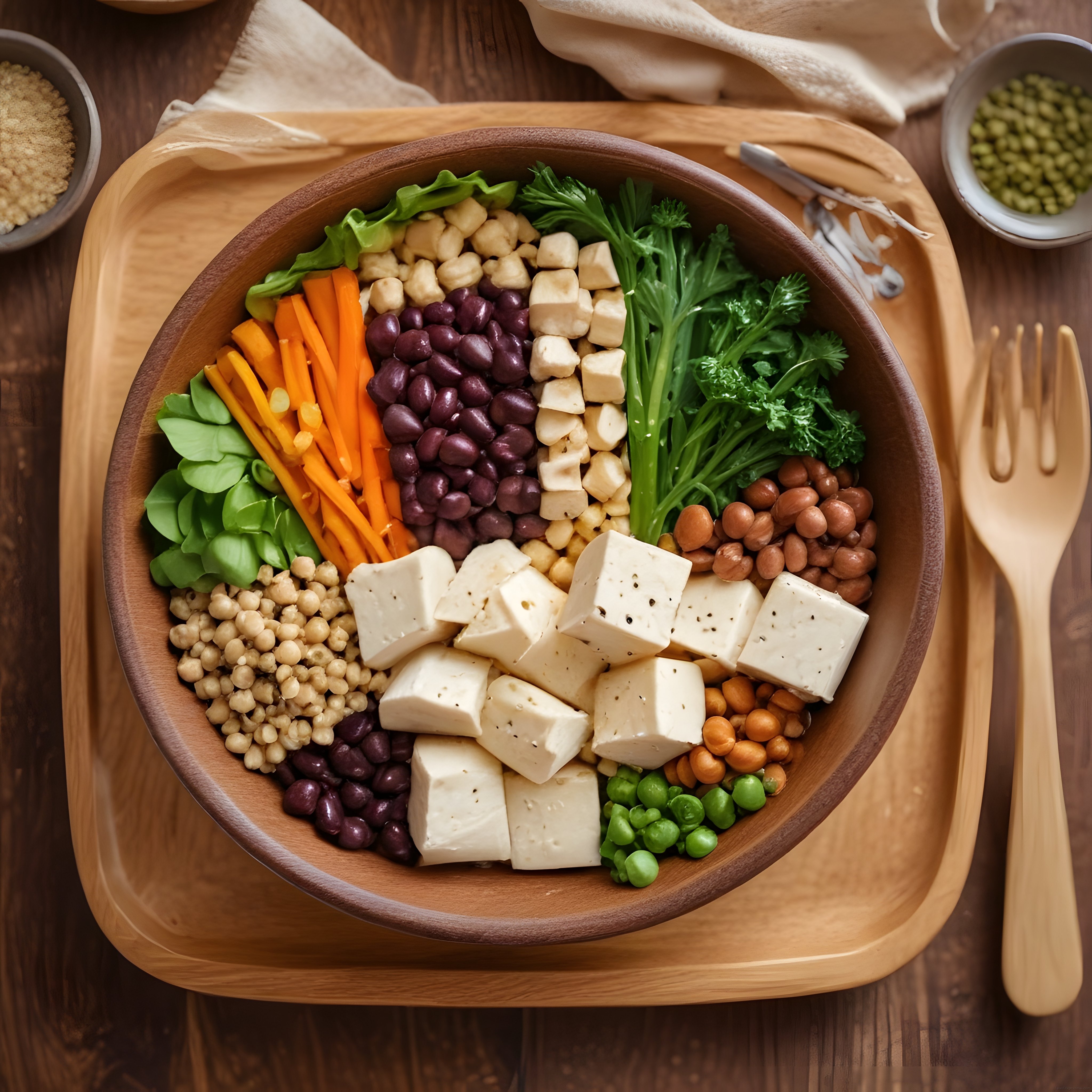 Ahşap Sunum Tabağında Renkli Sebze ve Tofu Kasesi: Sağlıklı Vegan Beslenme
