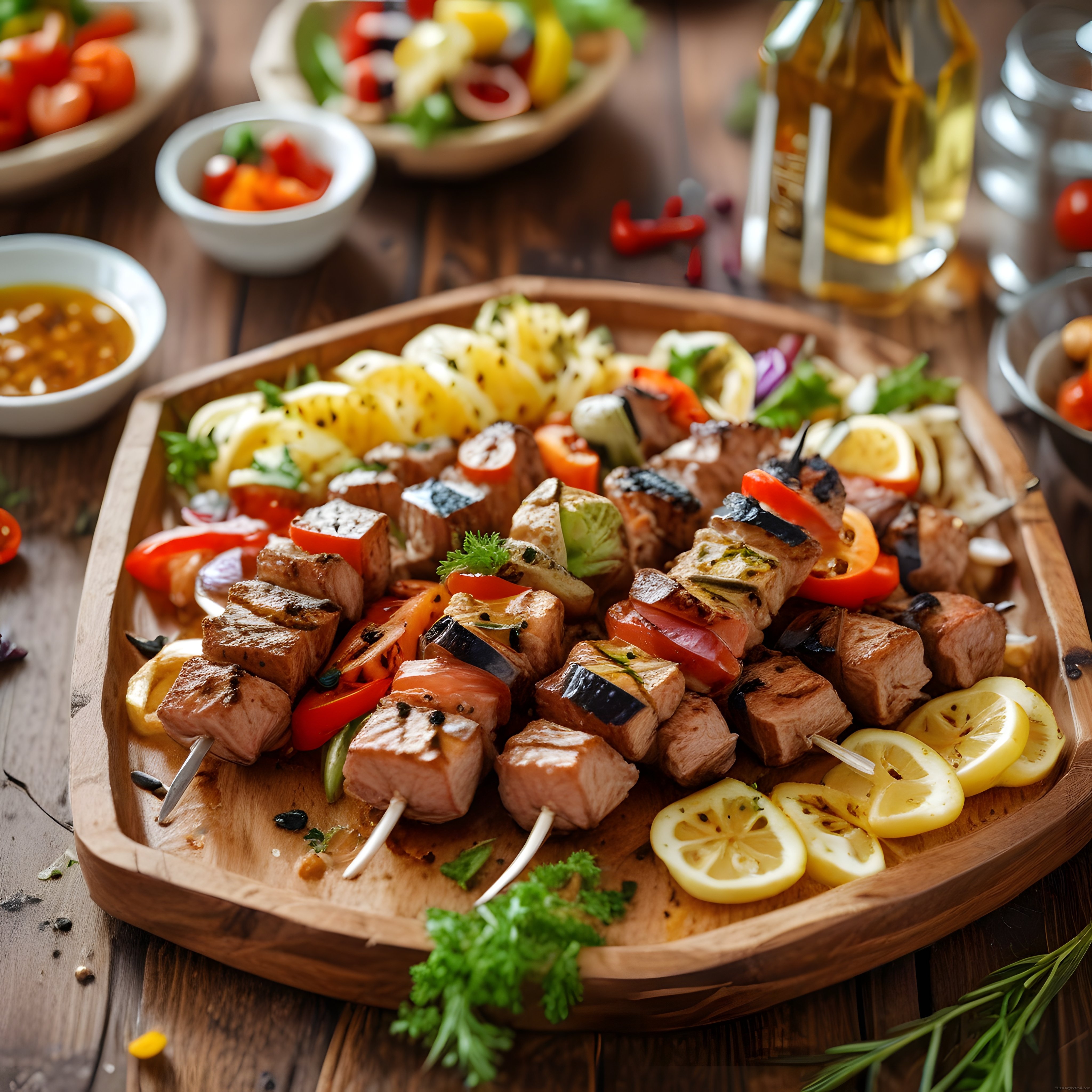 Ahşap Sunum Tabağında Renkli Sebzeli ve Etli Izgaralı Şiş Kebap