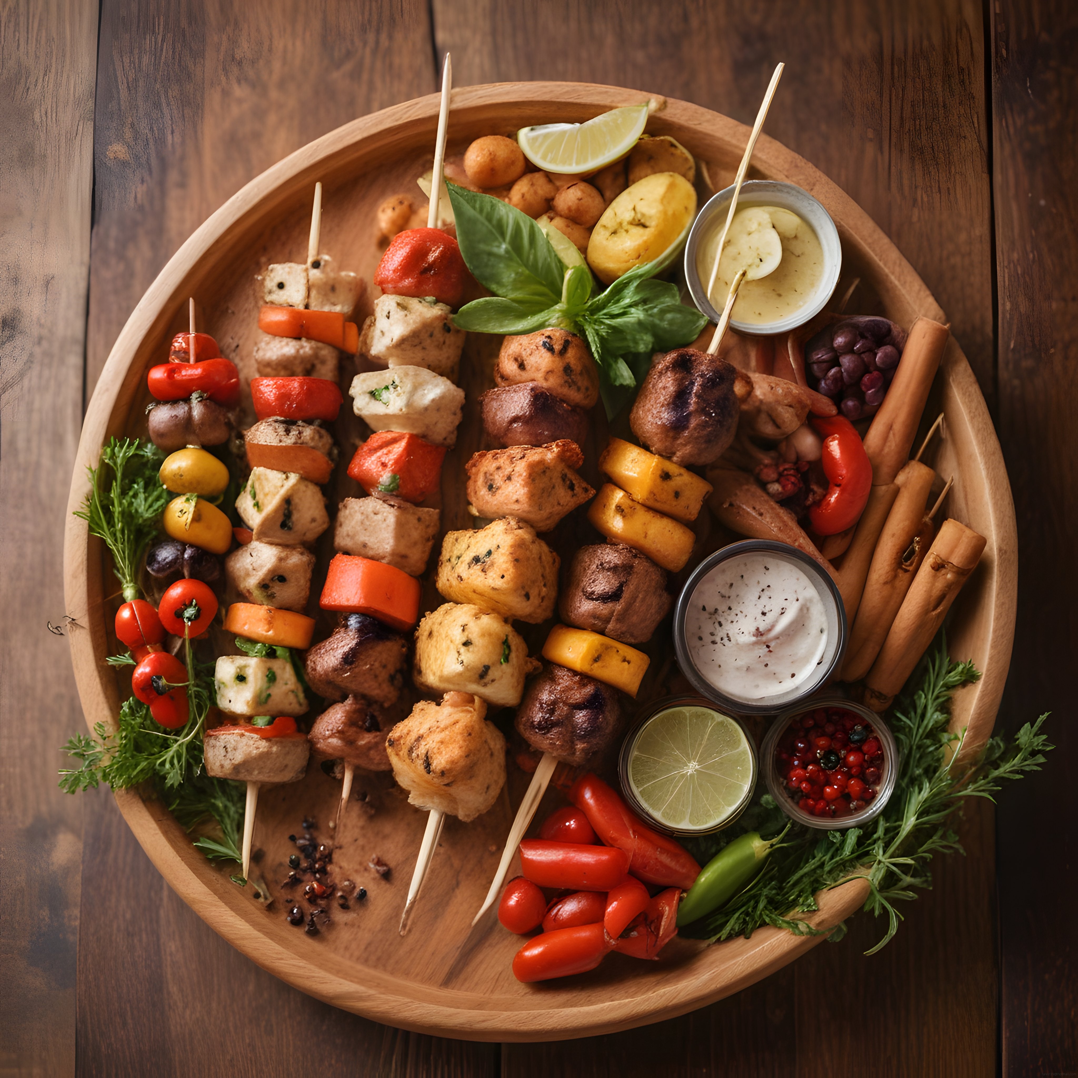 Ahşap Sunum Tabağında Renkli Şiş Kebap ve Sos Çeşitleriyle Leziz Bir Akşam Yemeği
