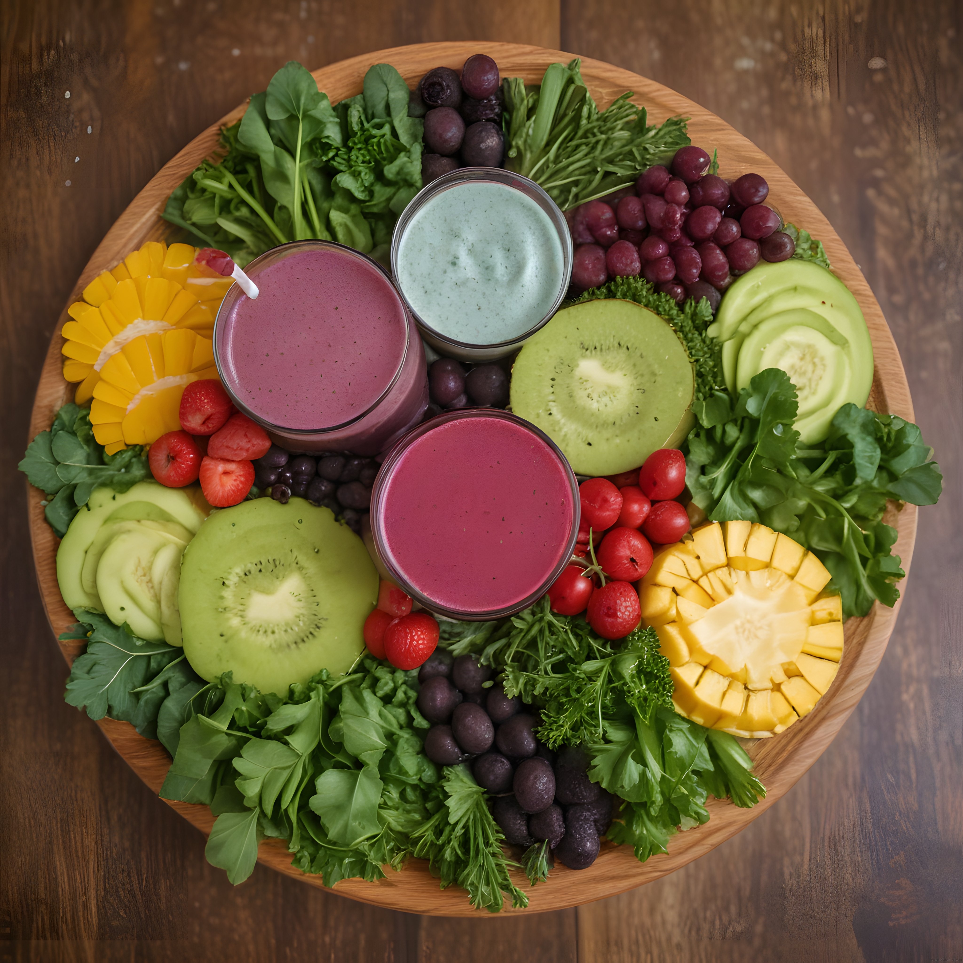 ahşap sunum tabağında renkli smoothie ve taze meyve sebze çeşitleri