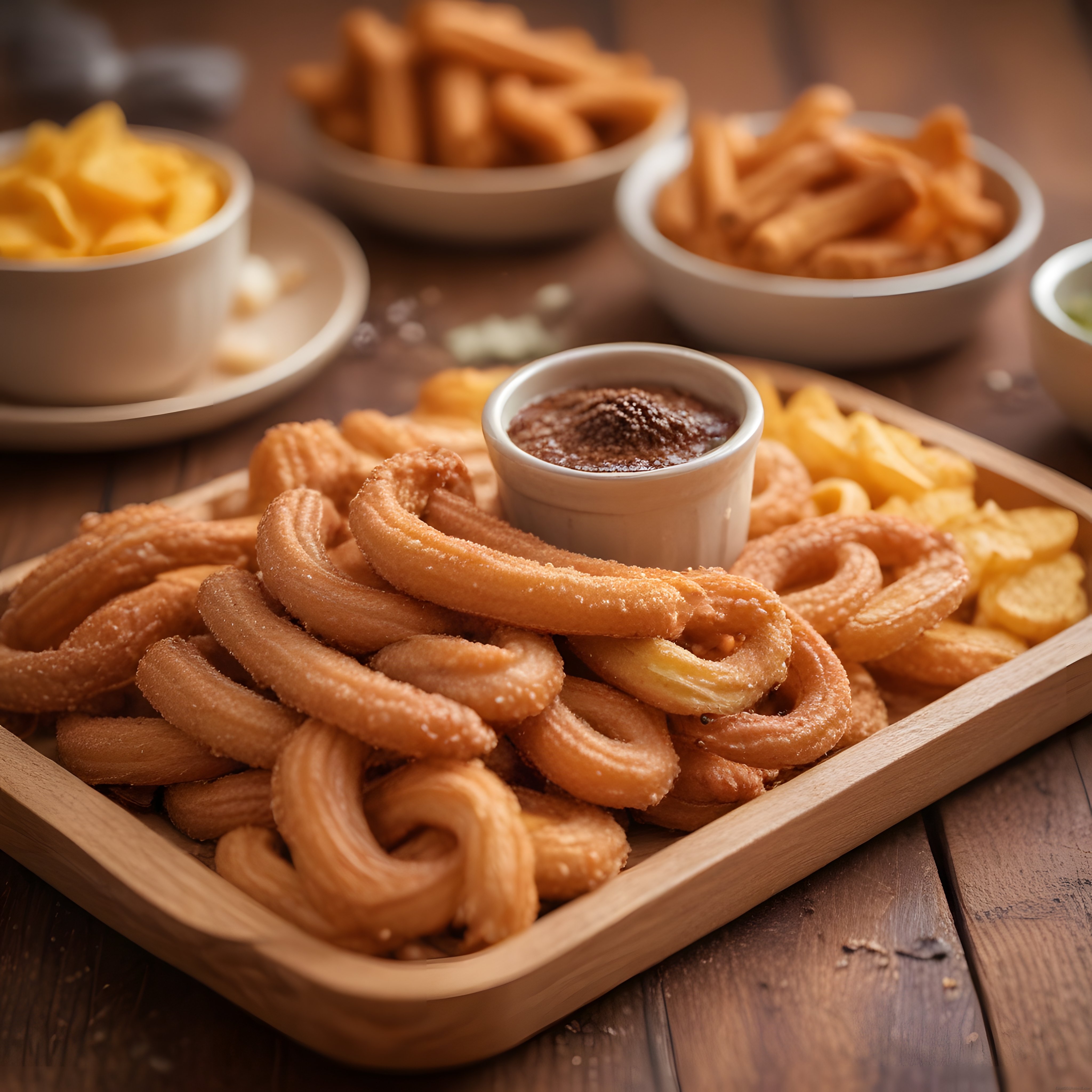 Ahşap Sunum Tabağında Şeker Kaplı Çıtır Churros ve Çikolata Sosu