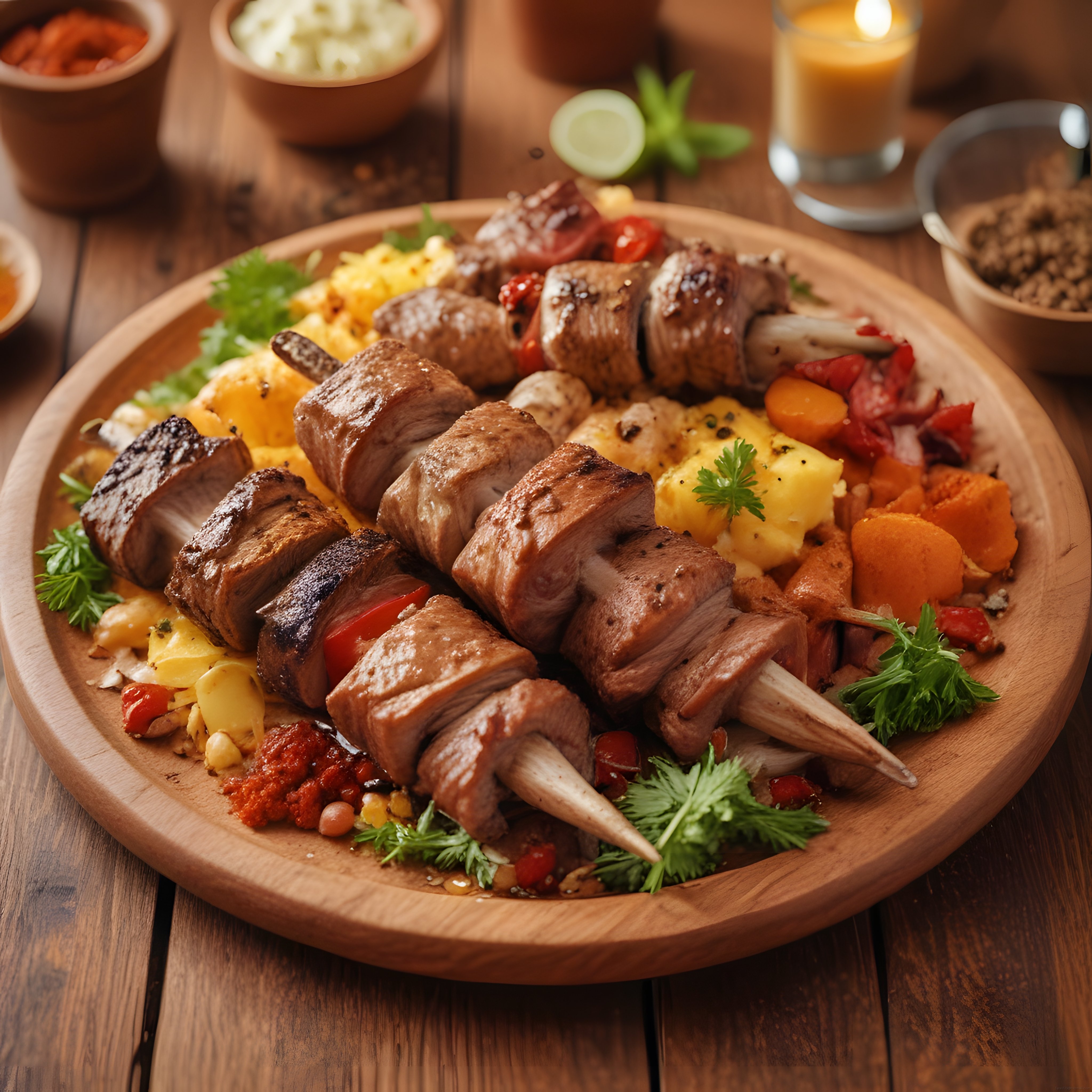 Ahşap Sunum Tabağında Şiş Kebap, Sarımsaklı Patates ve Kızartılmış Sebzeler