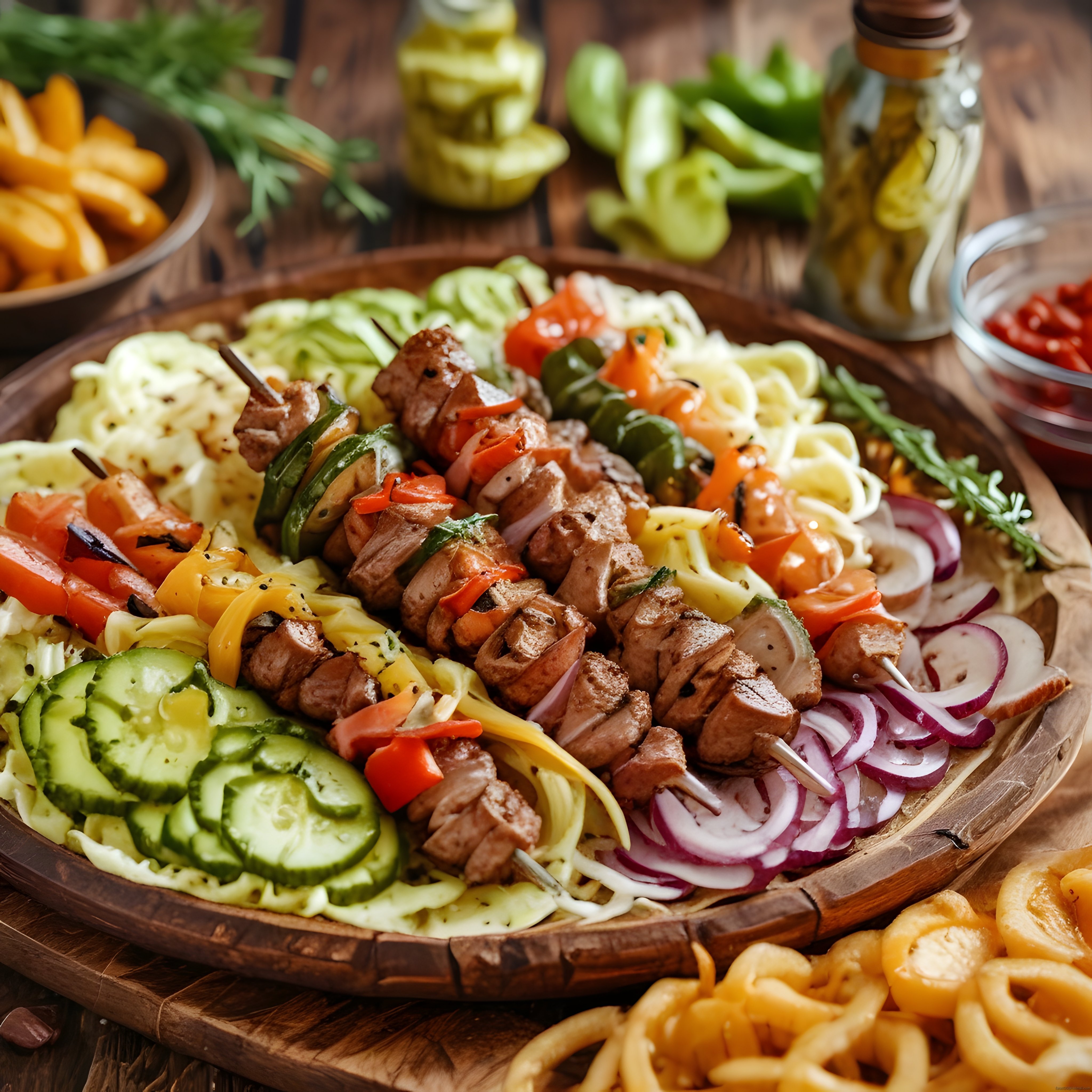 Ahşap Sunum Tabağında Şiş Kebap ve Renkli Sebzelerle Zengin Lezzet Şöleni