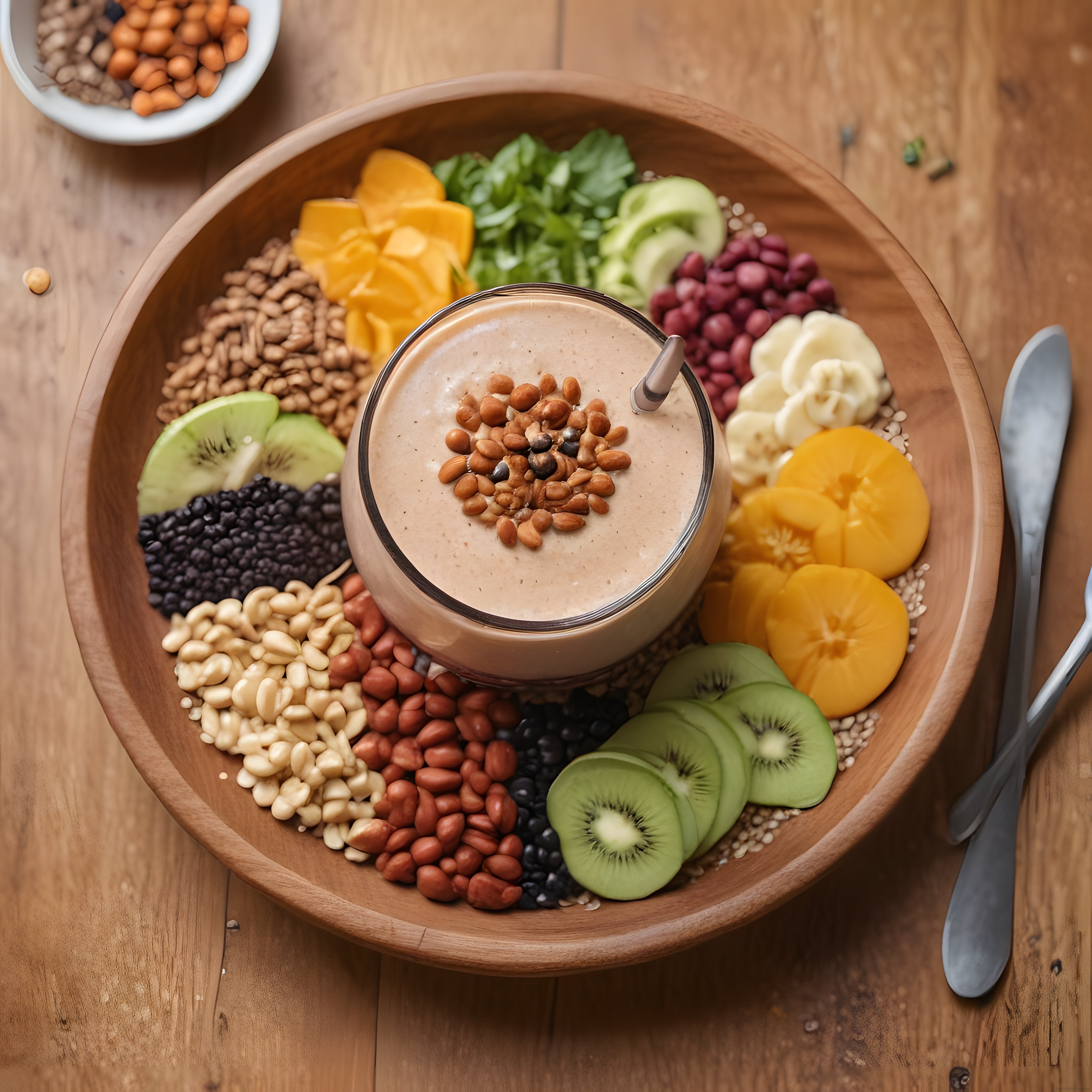 Ahşap Sunum Tabağında Smoothie Bowl, Taze Meyveler ve Kuruyemişler